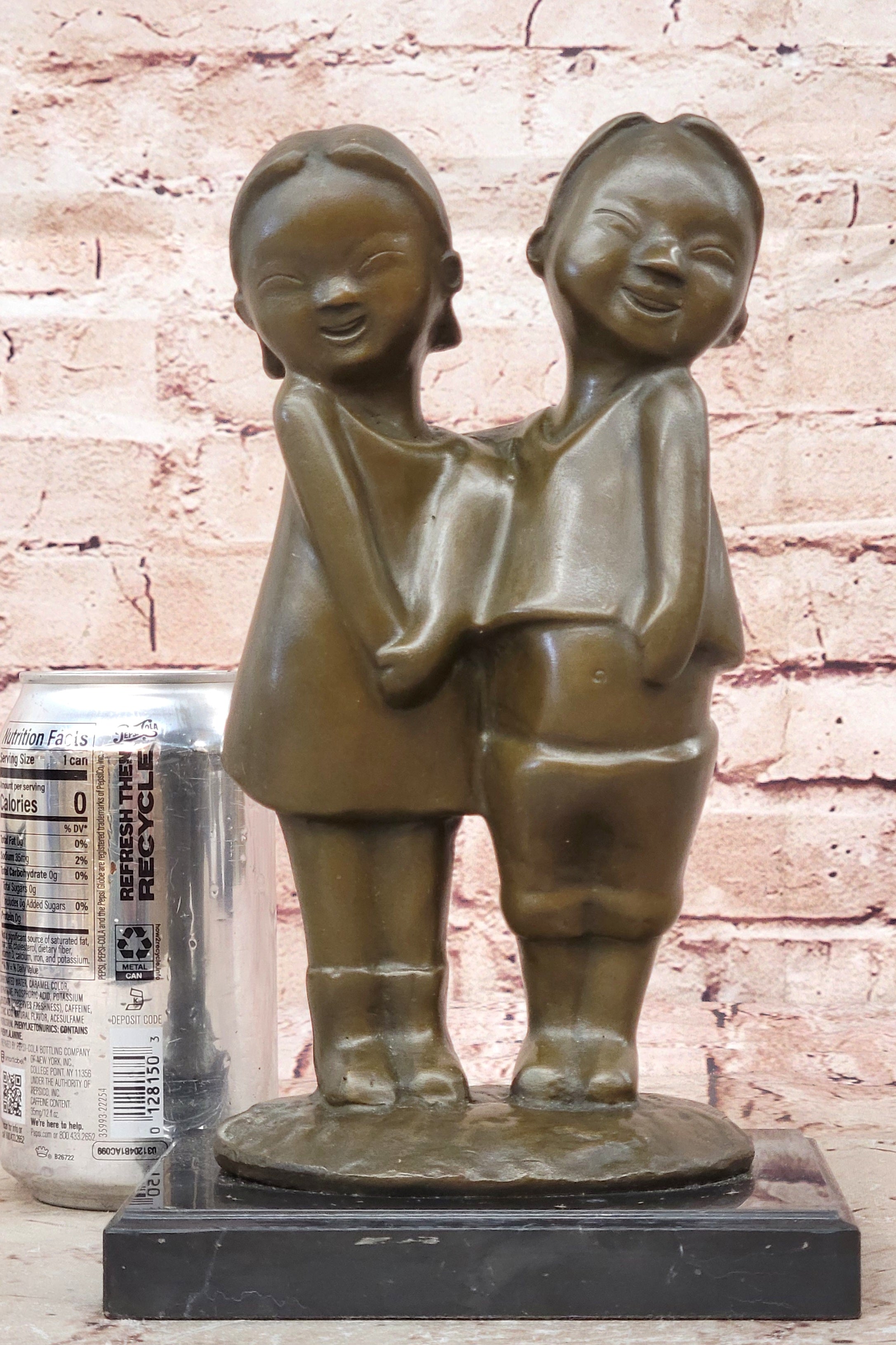 B.C Zhang Collectible Bronze Sculpture: Chinese Brother and Sister Smiling Children