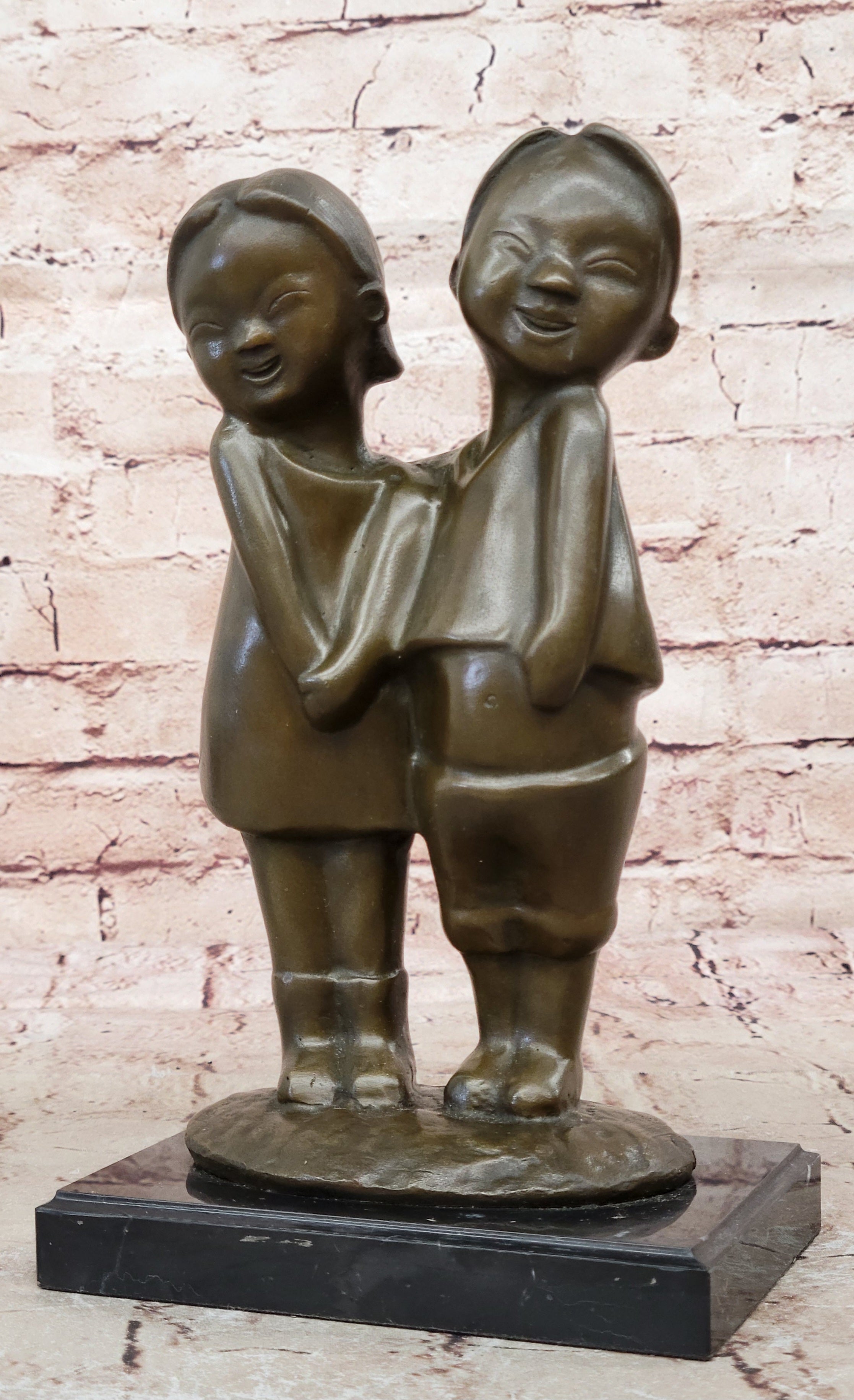 B.C Zhang Collectible Bronze Sculpture: Chinese Brother and Sister Smiling Children