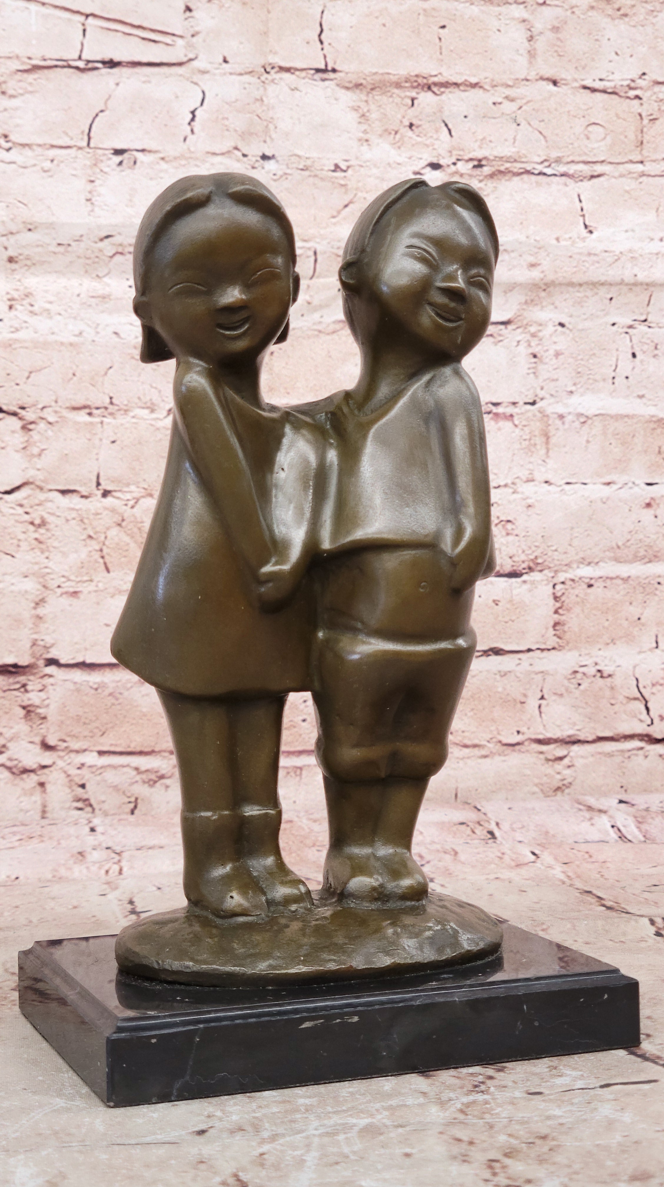B.C Zhang Collectible Bronze Sculpture: Chinese Brother and Sister Smiling Children