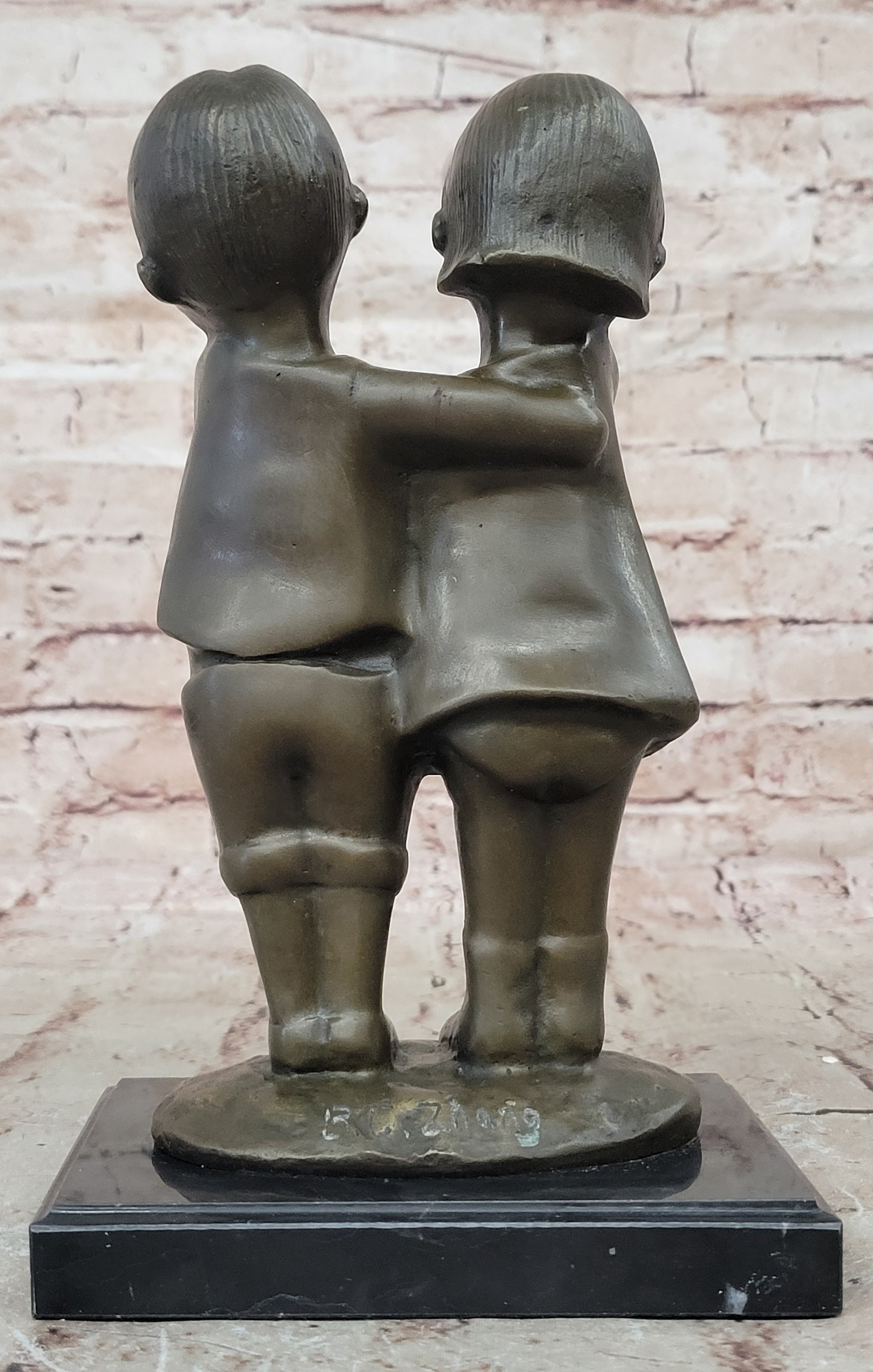 B.C Zhang Collectible Bronze Sculpture: Chinese Brother and Sister Smiling Children