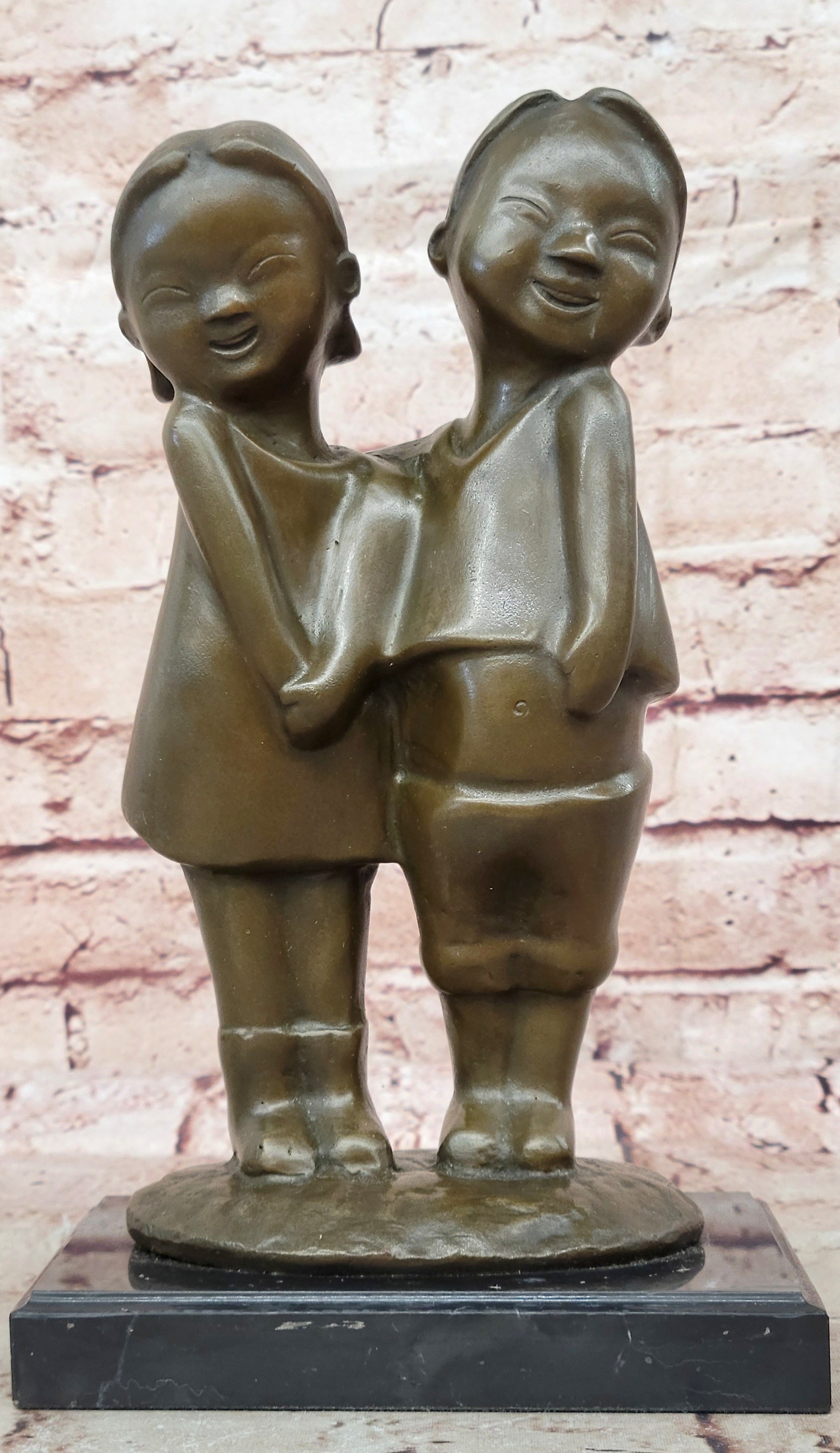 B.C Zhang Collectible Bronze Sculpture: Chinese Brother and Sister Smiling Children