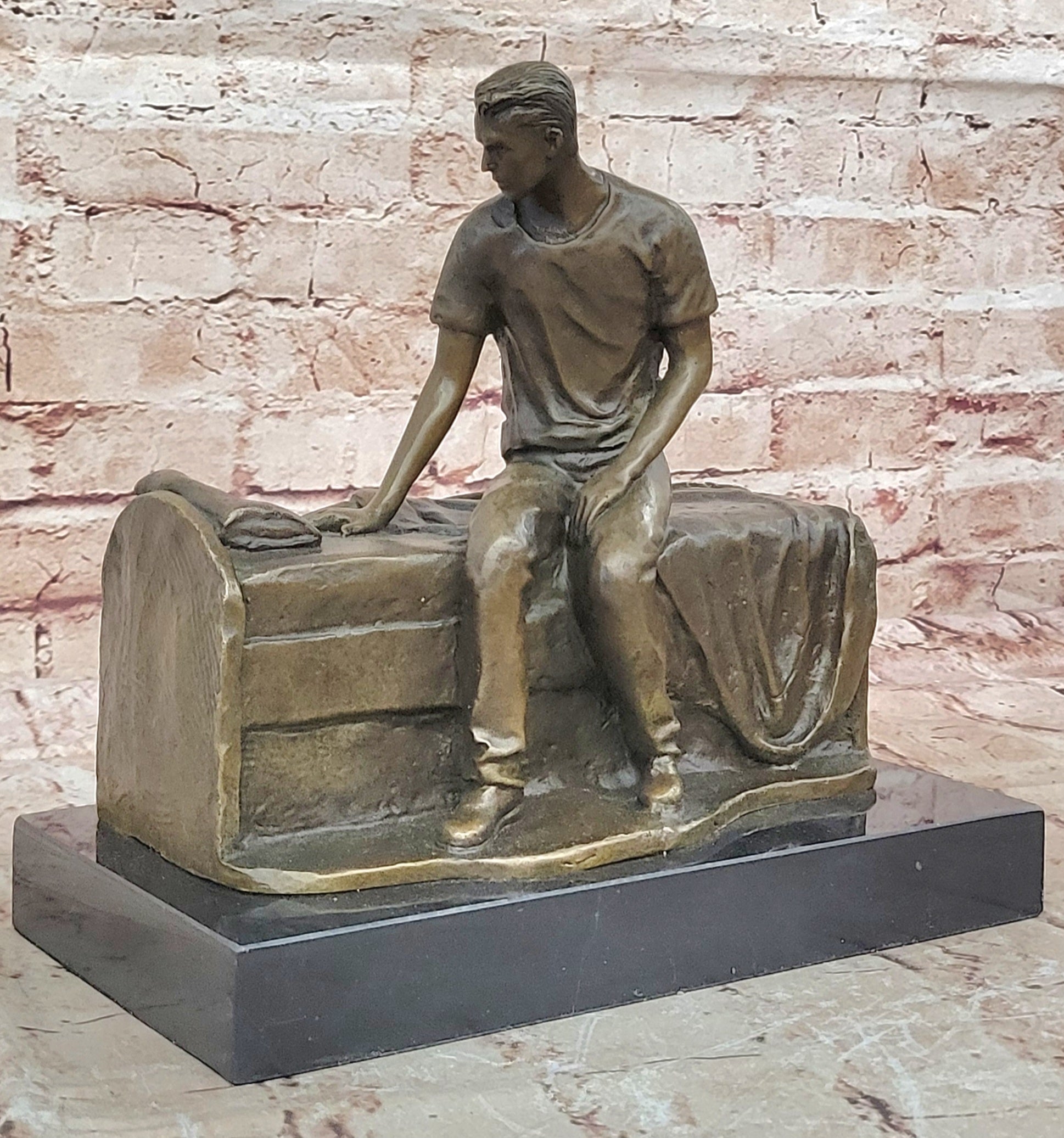 Hot Cast Fine Art: Aldo Vitaleh`s Bronze Thinking Man on Bench - Genuine Sculpture
