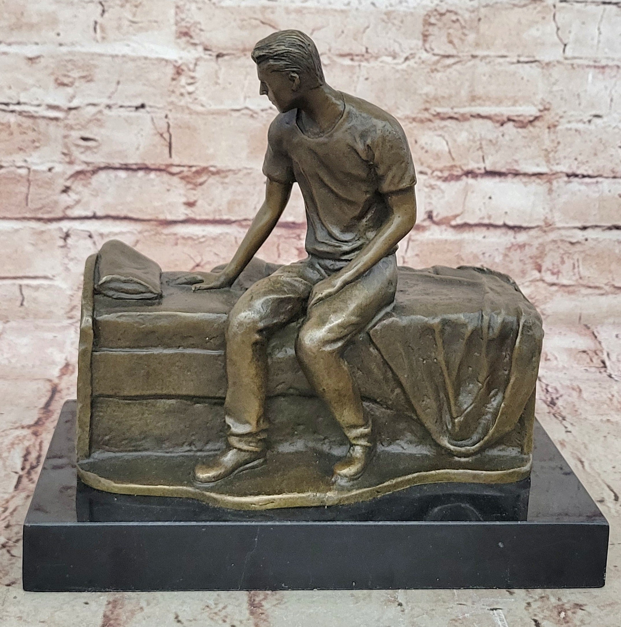 Hot Cast Fine Art: Aldo Vitaleh`s Bronze Thinking Man on Bench - Genuine Sculpture