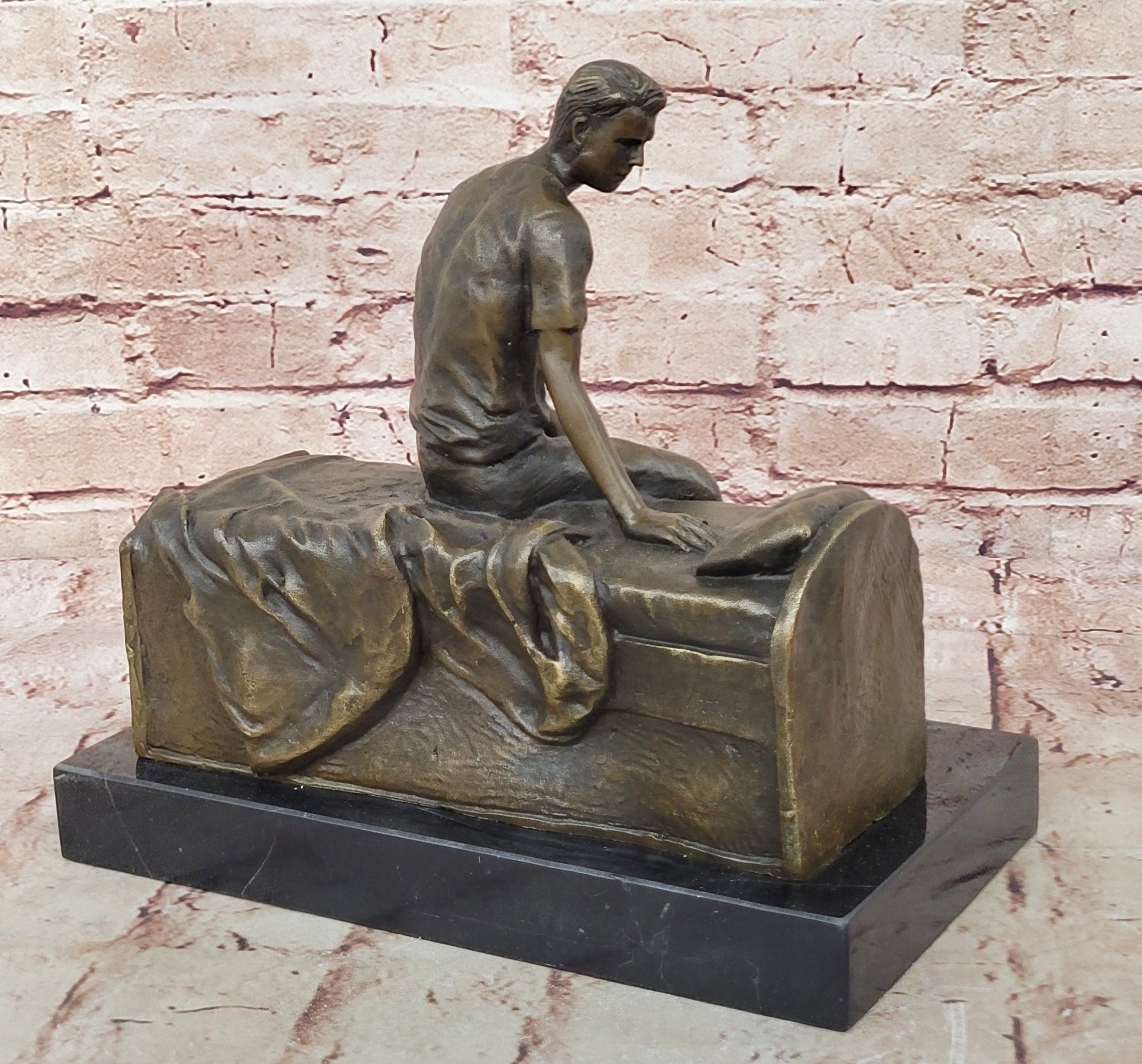 Hot Cast Fine Art: Aldo Vitaleh`s Bronze Thinking Man on Bench - Genuine Sculpture