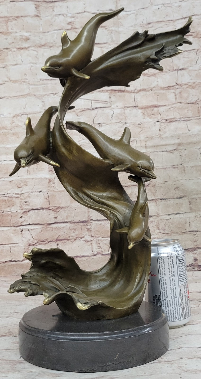 Handmade Bronze Sculpture: Four Dolphins Swimming Ocean Sea Fish Figurine