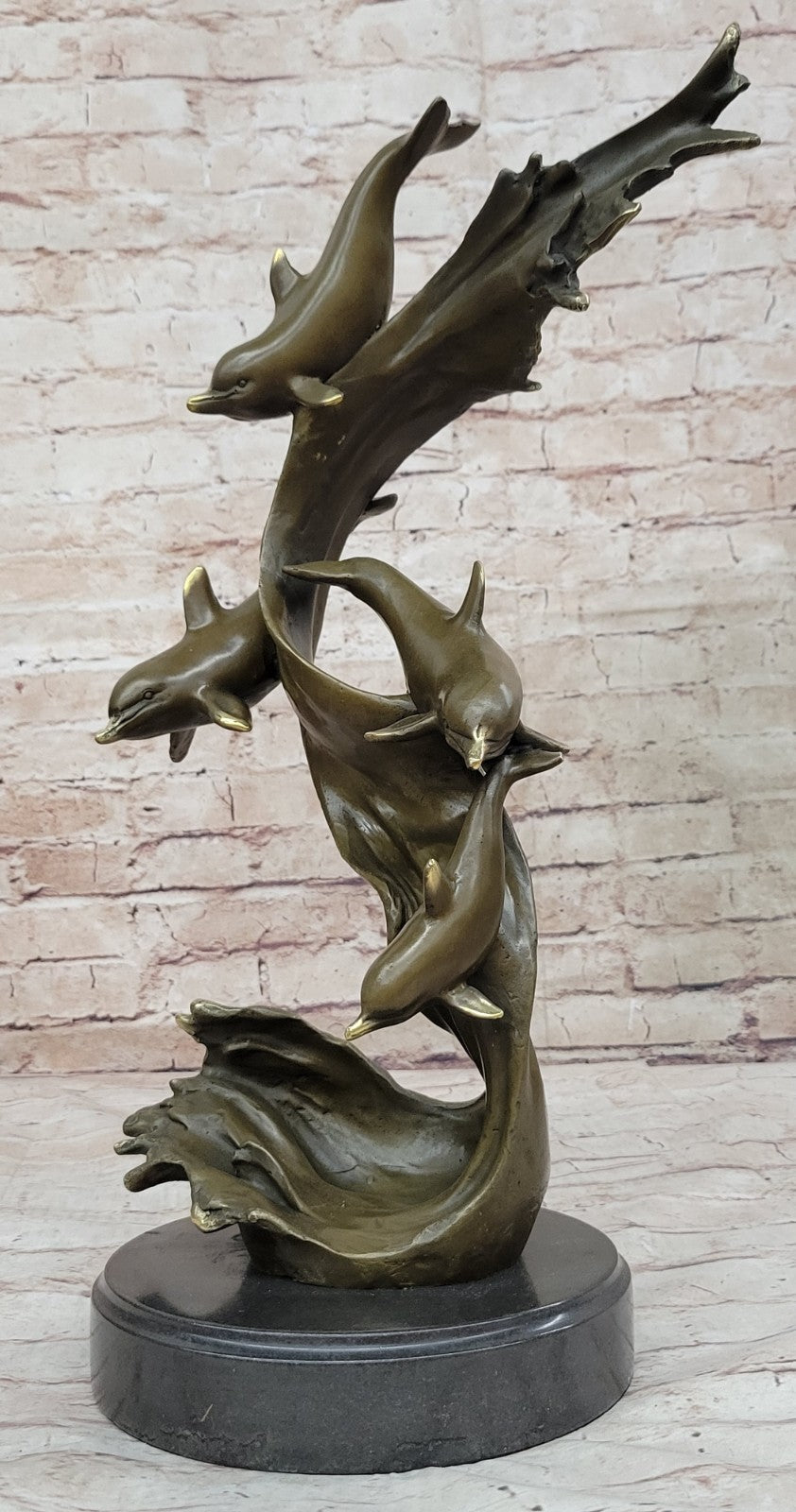 Handmade Bronze Sculpture: Four Dolphins Swimming Ocean Sea Fish Figurine