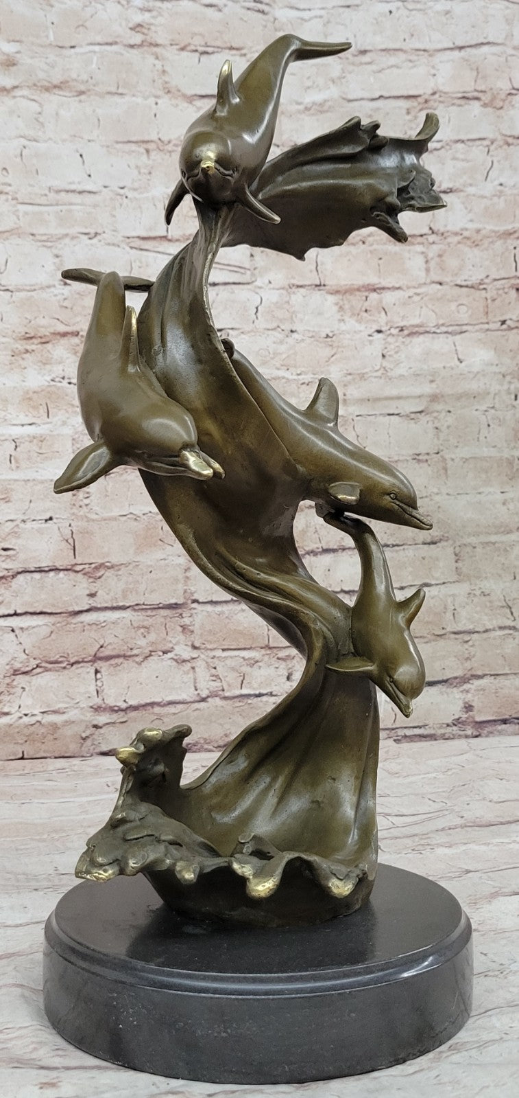 Handmade Bronze Sculpture: Four Dolphins Swimming Ocean Sea Fish Figurine
