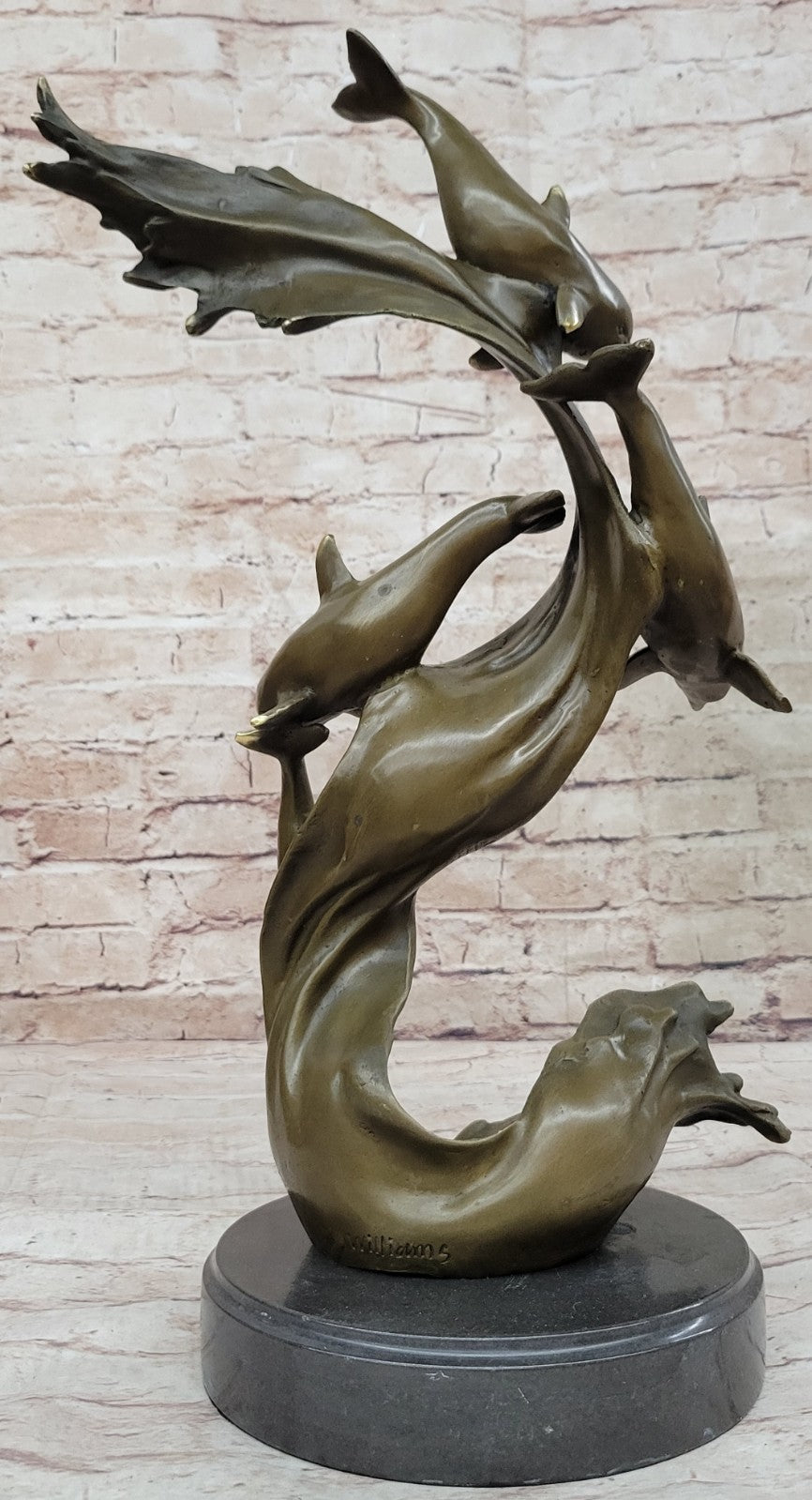 Handmade Bronze Sculpture: Four Dolphins Swimming Ocean Sea Fish Figurine