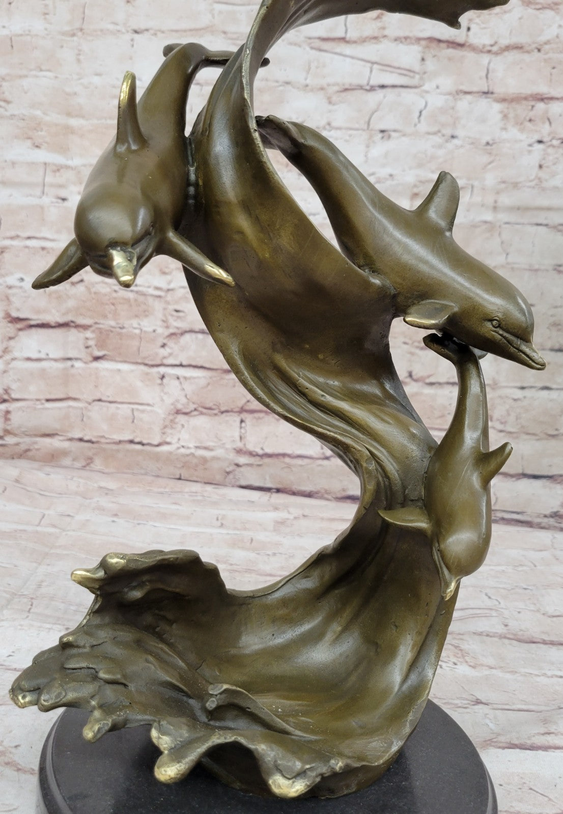 Handmade Bronze Sculpture: Four Dolphins Swimming Ocean Sea Fish Figurine