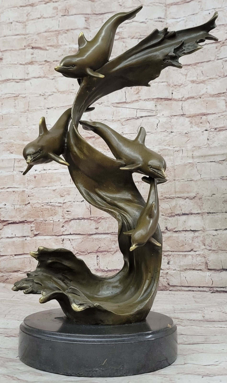 Handmade Bronze Sculpture: Four Dolphins Swimming Ocean Sea Fish Figurine