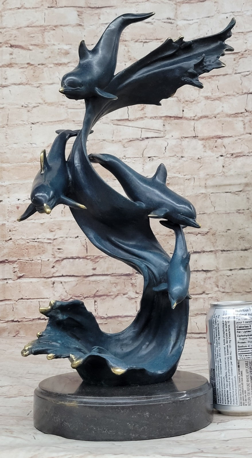 Detailed Dolphins Swimming in Ocean Bronze Sculpture with Special Patina