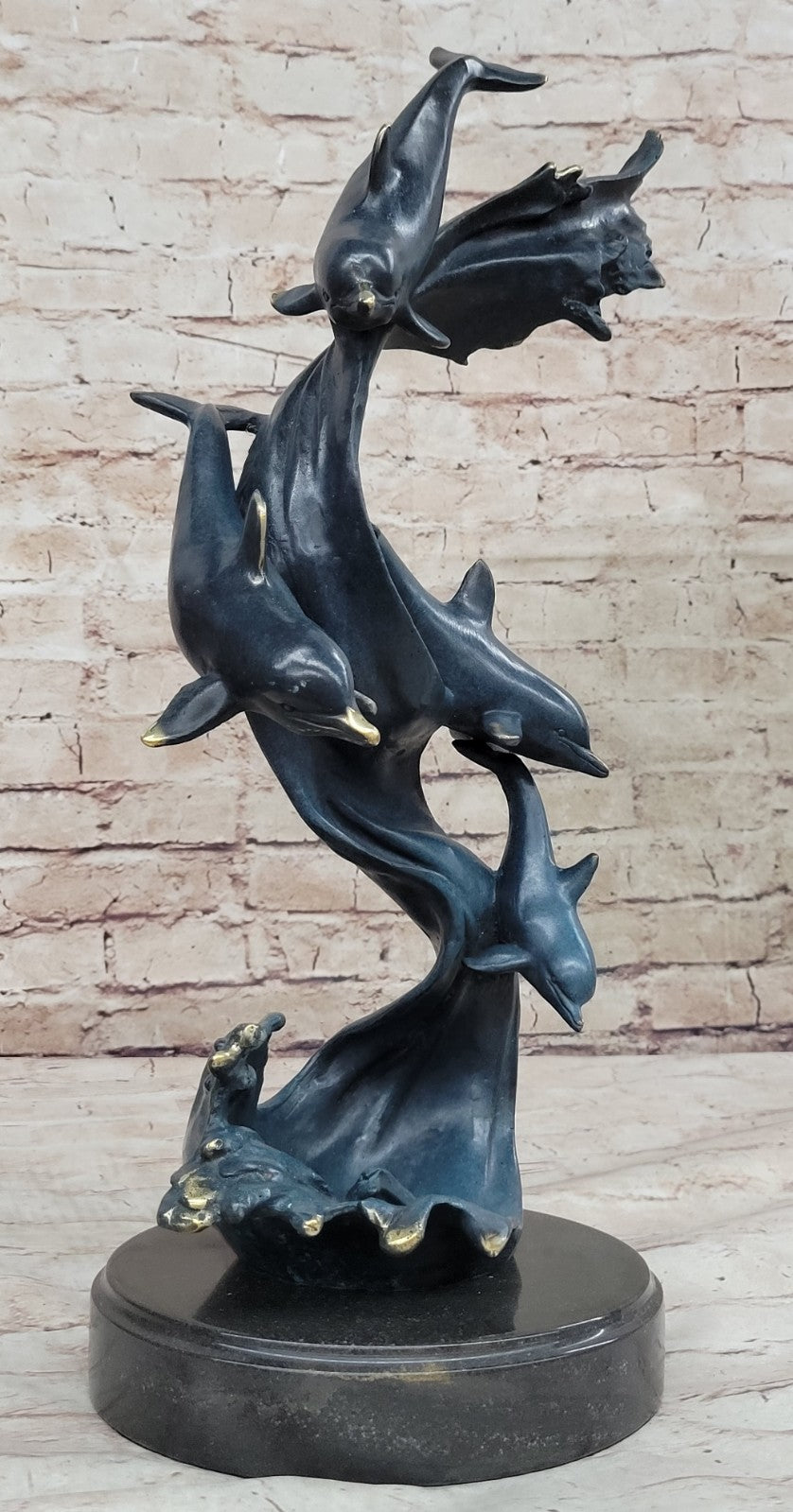 Detailed Dolphins Swimming in Ocean Bronze Sculpture with Special Patina