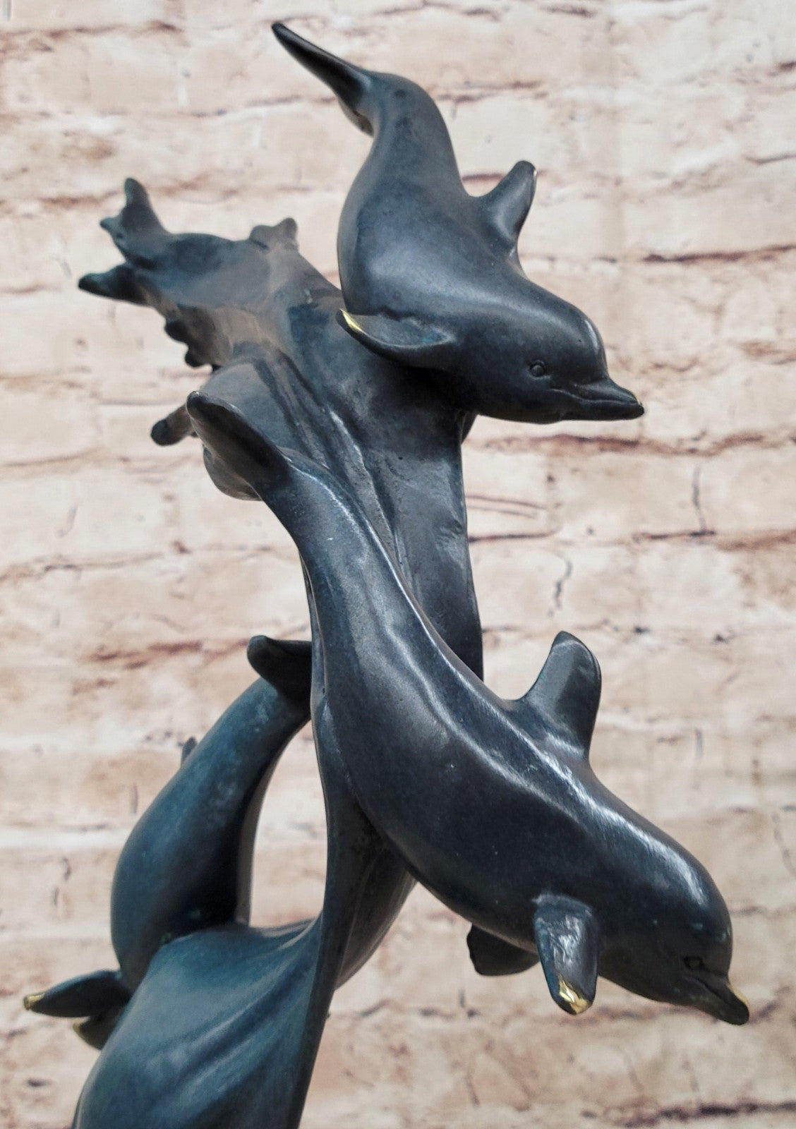 Detailed Dolphins Swimming in Ocean Bronze Sculpture with Special Patina