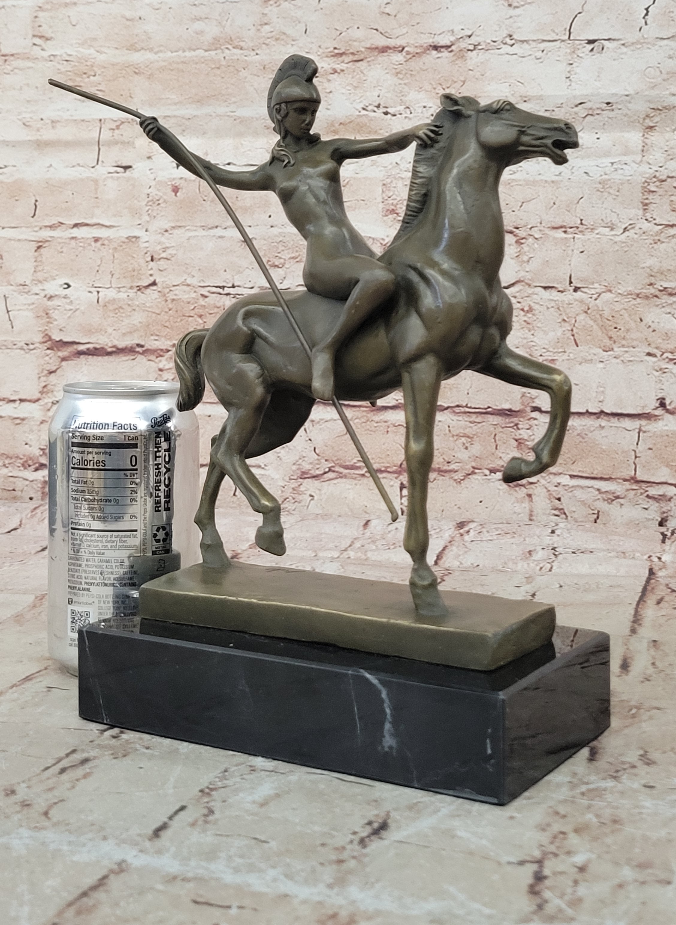 Genuine Bronze Greek Female Amazon A Spear Riding Horse Sculpture Figurine Deco