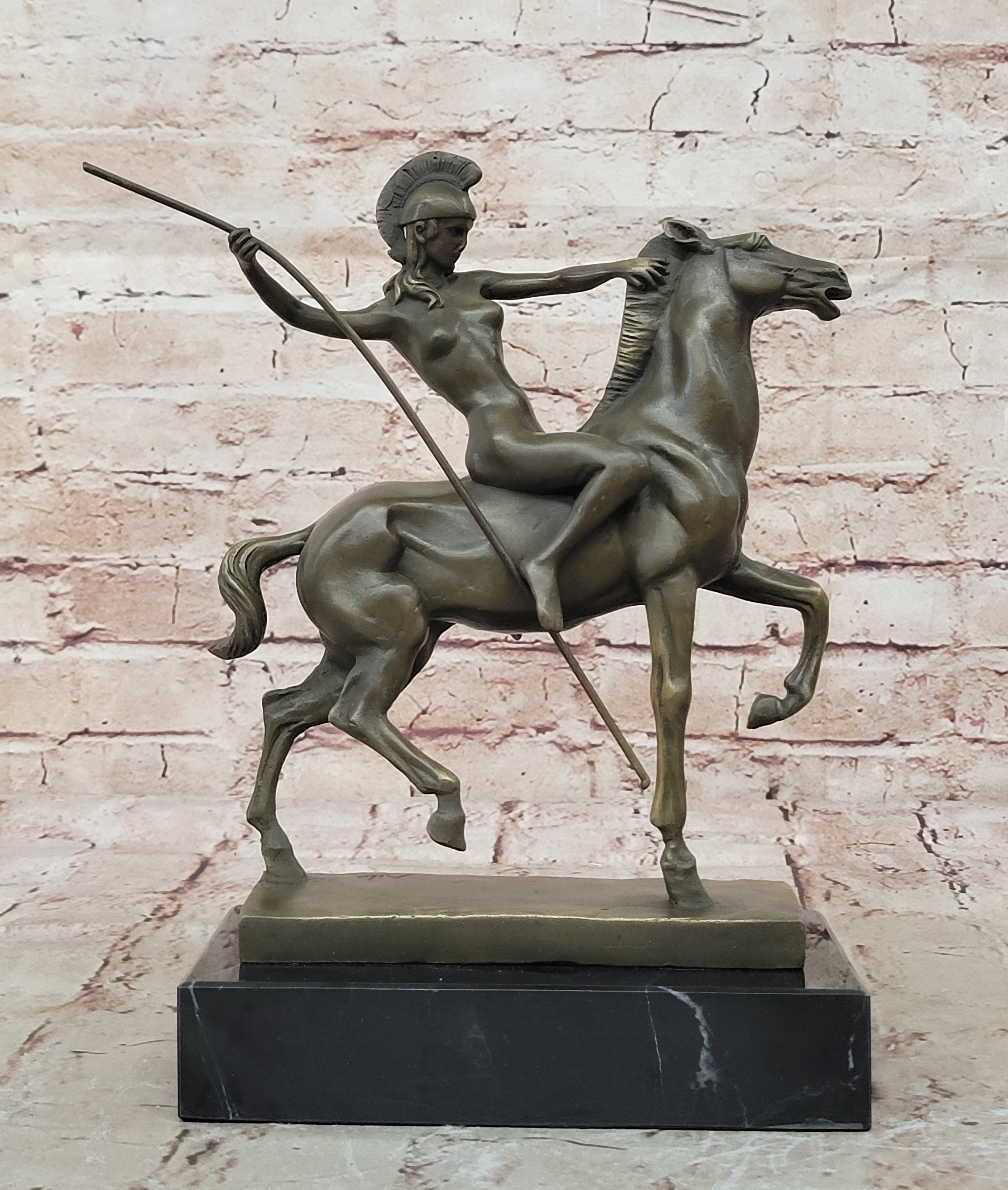 Genuine Bronze Greek Female Amazon A Spear Riding Horse Sculpture Figurine Deco