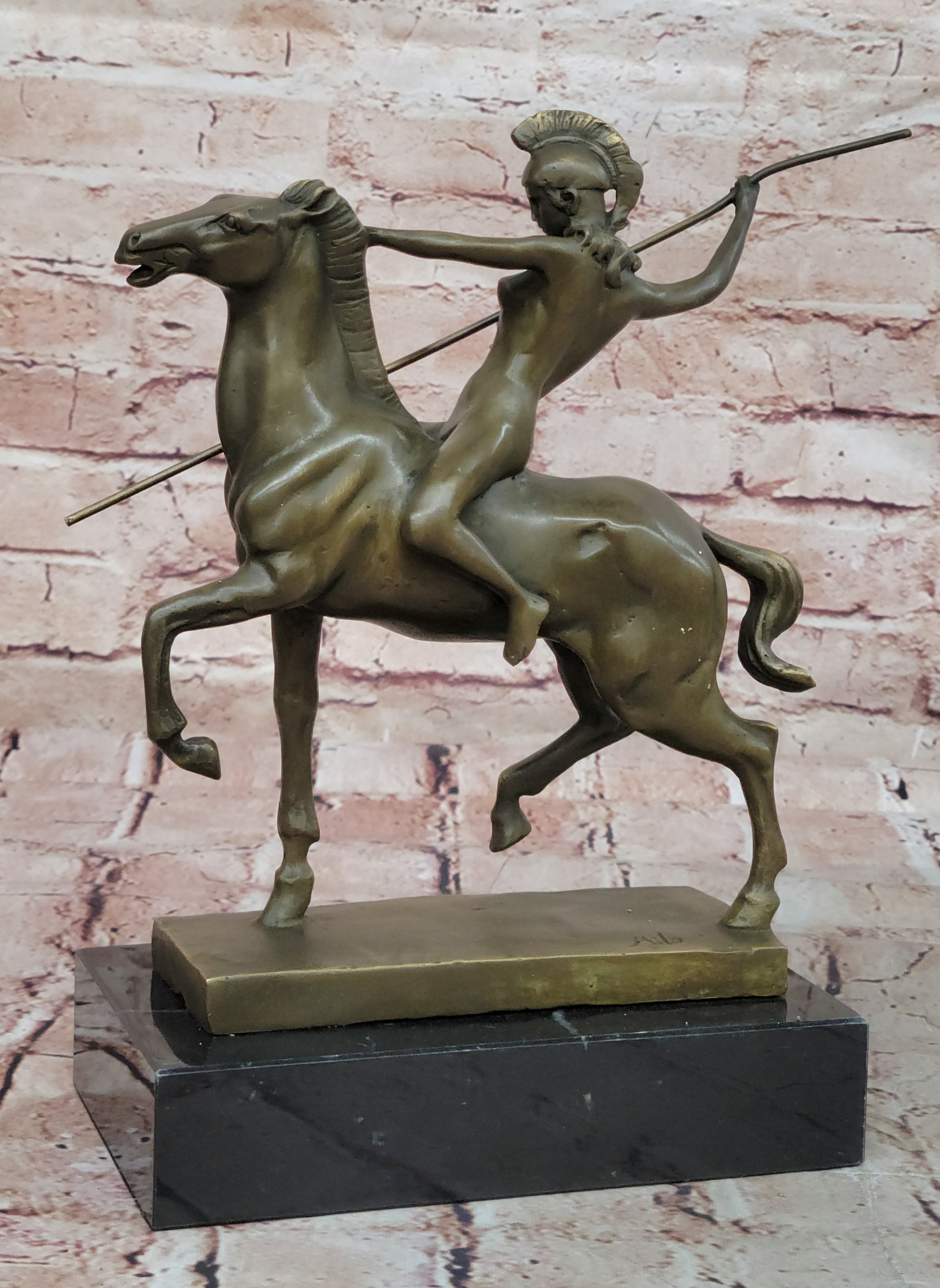 Genuine Bronze Greek Female Amazon A Spear Riding Horse Sculpture Figurine Deco