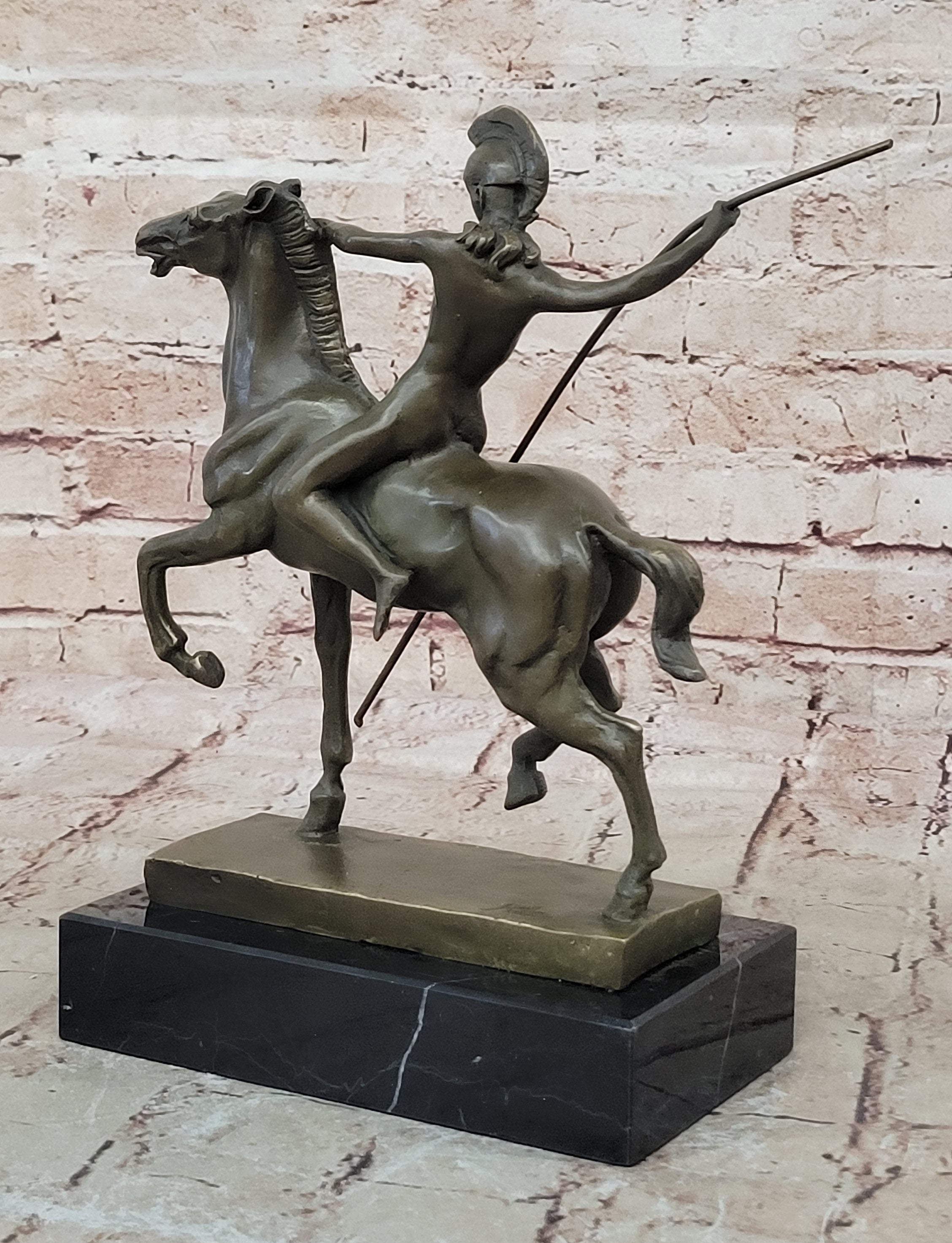Genuine Bronze Greek Female Amazon A Spear Riding Horse Sculpture Figurine Deco