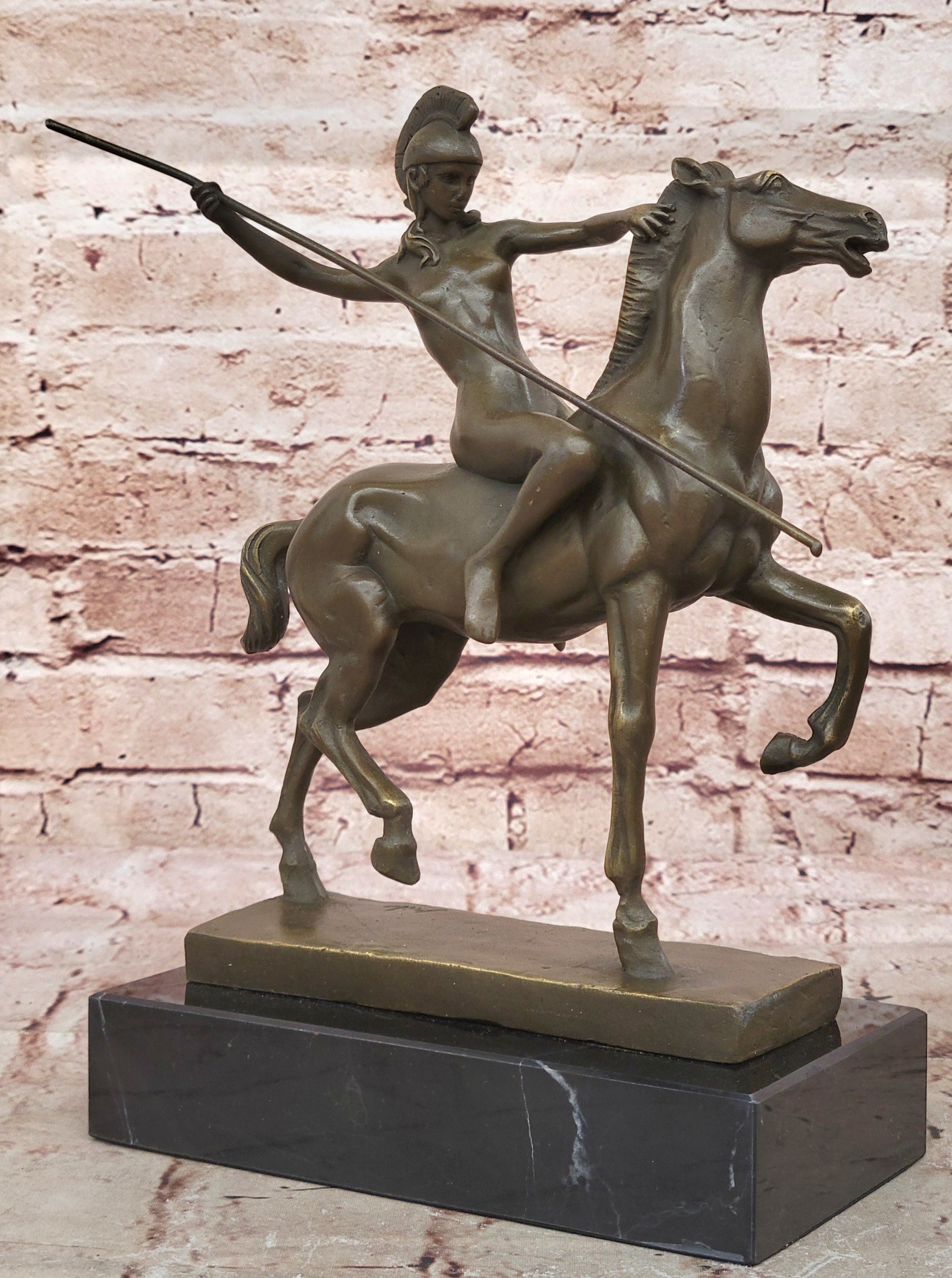 Genuine Bronze Greek Female Amazon A Spear Riding Horse Sculpture Figurine Deco