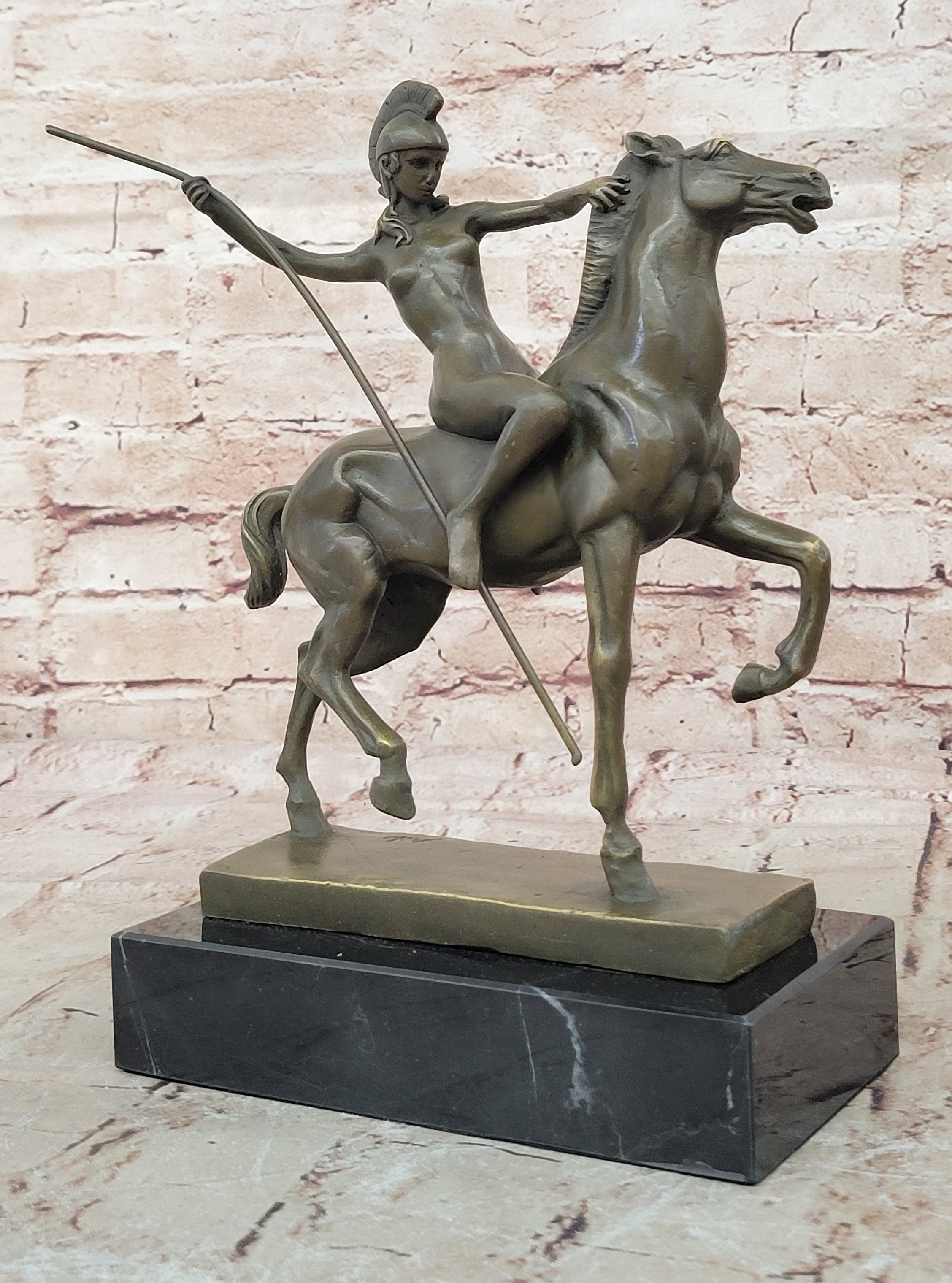 Genuine Bronze Greek Female Amazon A Spear Riding Horse Sculpture Figurine Deco