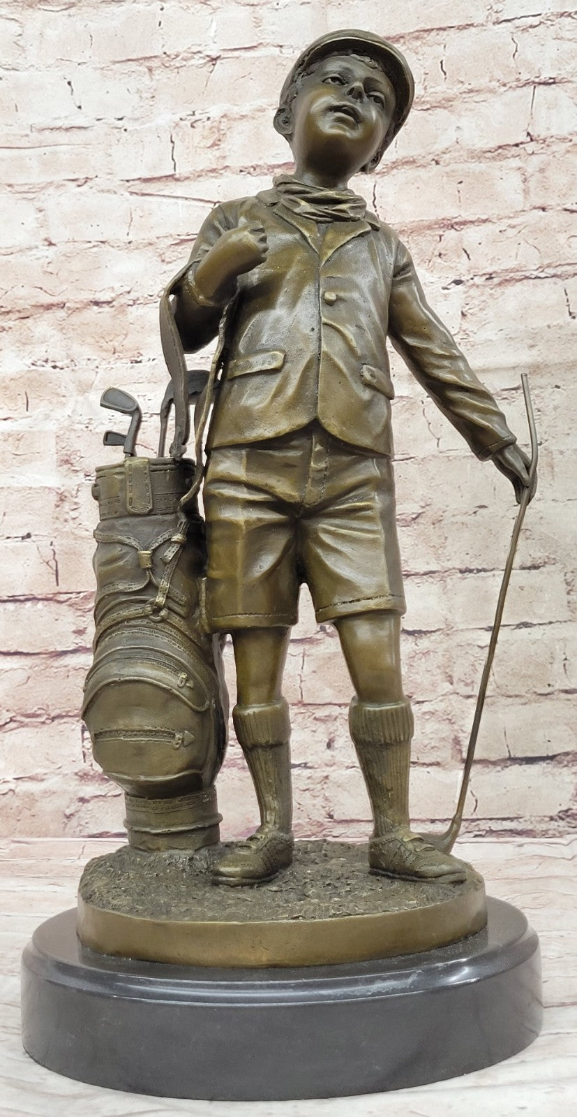 Hand Made Caddy Boy Golfer Bronze Figurine on Marble Base - Signed Artwork