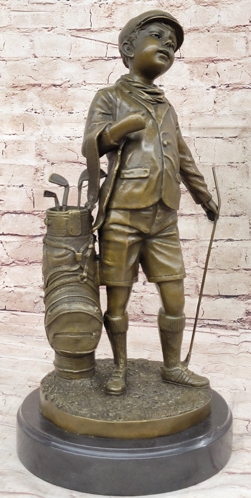 Hand Made Caddy Boy Golfer Bronze Figurine on Marble Base - Signed Artwork
