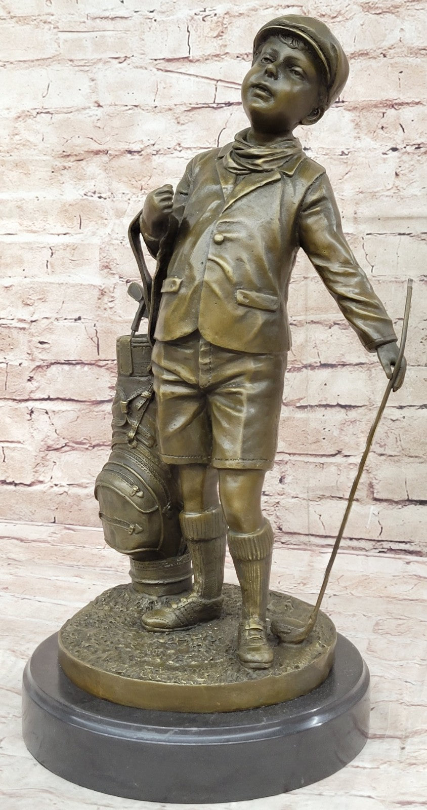 Hand Made Caddy Boy Golfer Bronze Figurine on Marble Base - Signed Artwork
