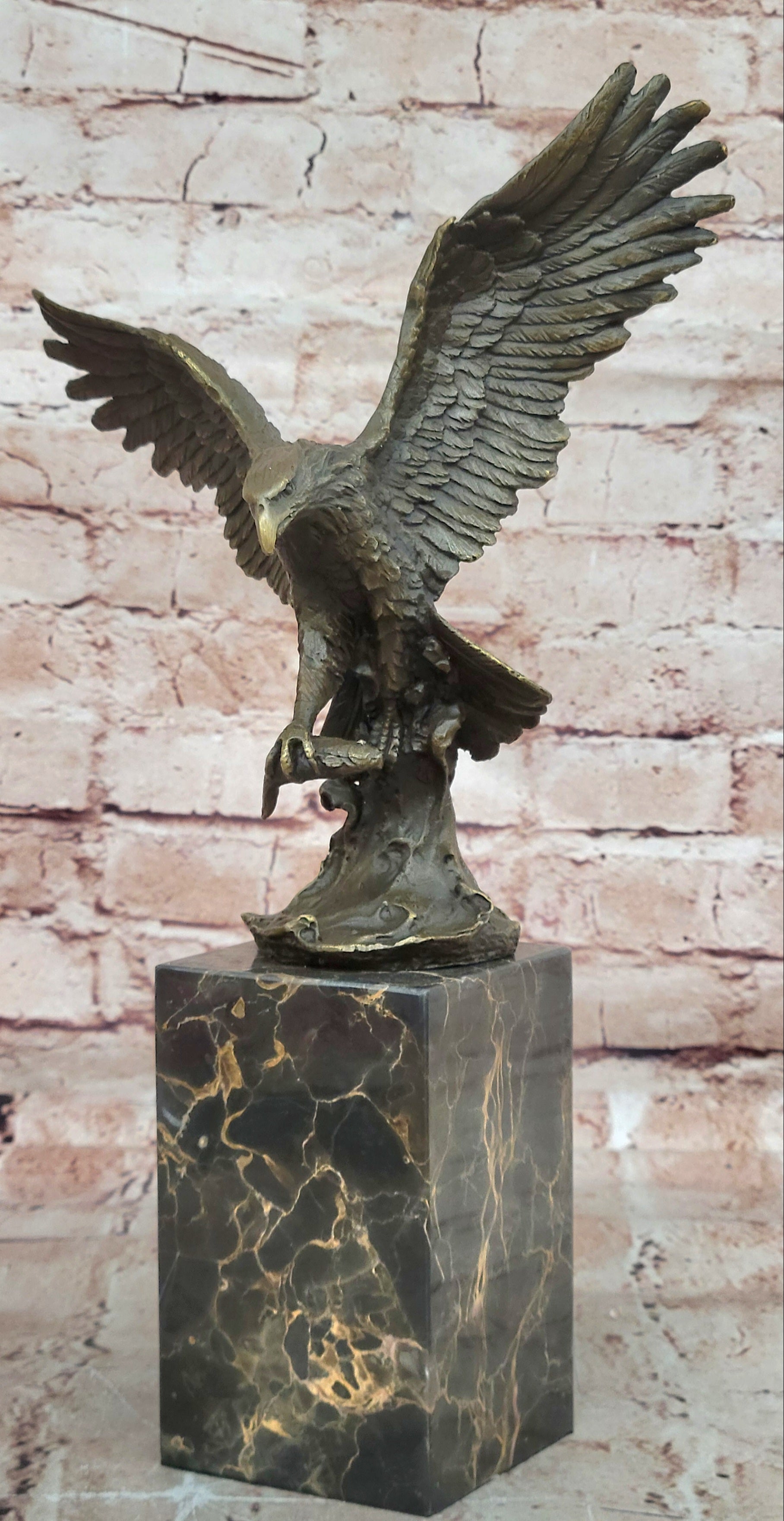 Flying Fishing Bald Eagle Military Art American Patriotic Bronze Marble Statue