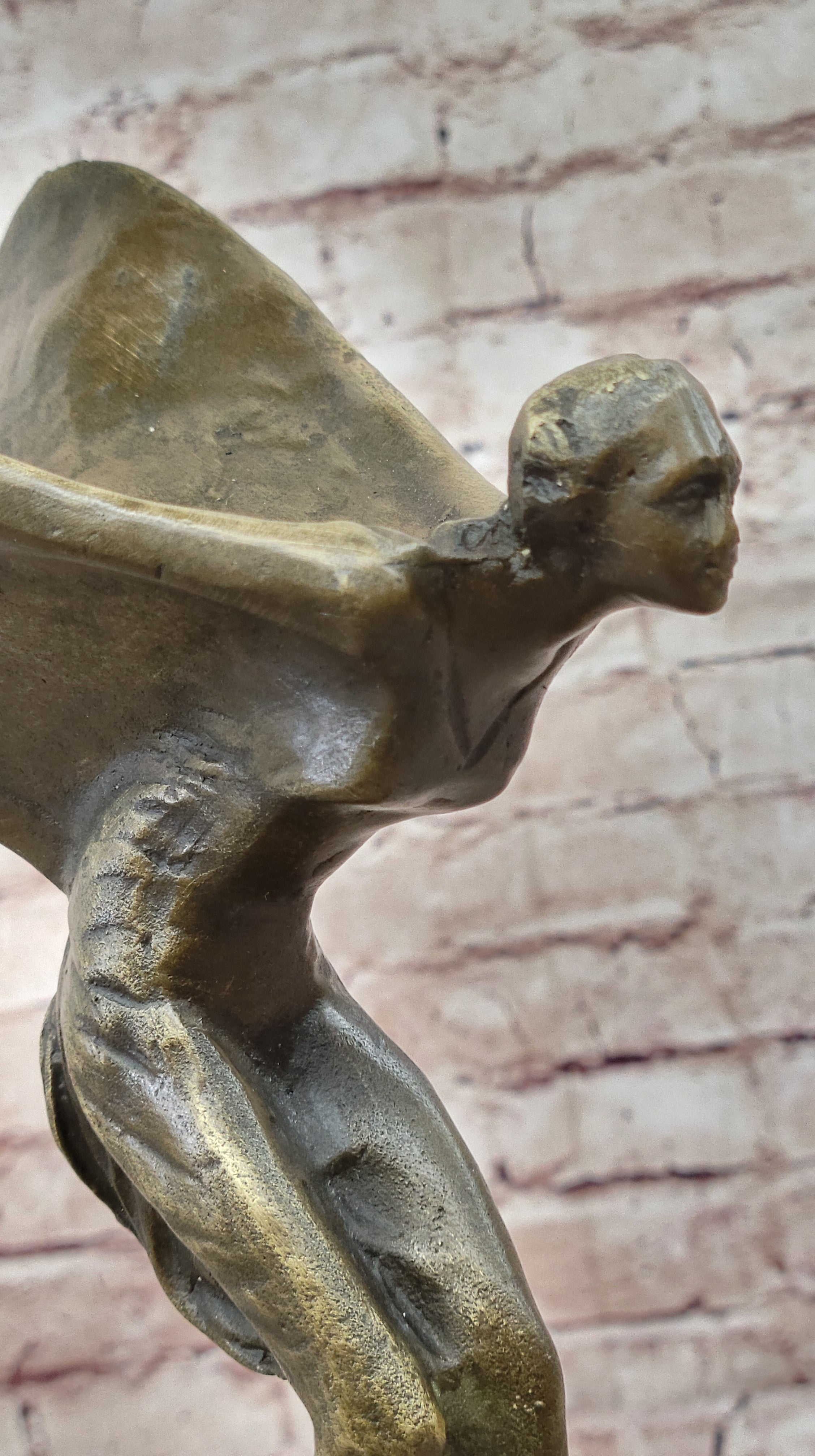 Spirit of Ecstasy Large bronze with brown patina mounted on dark marble base