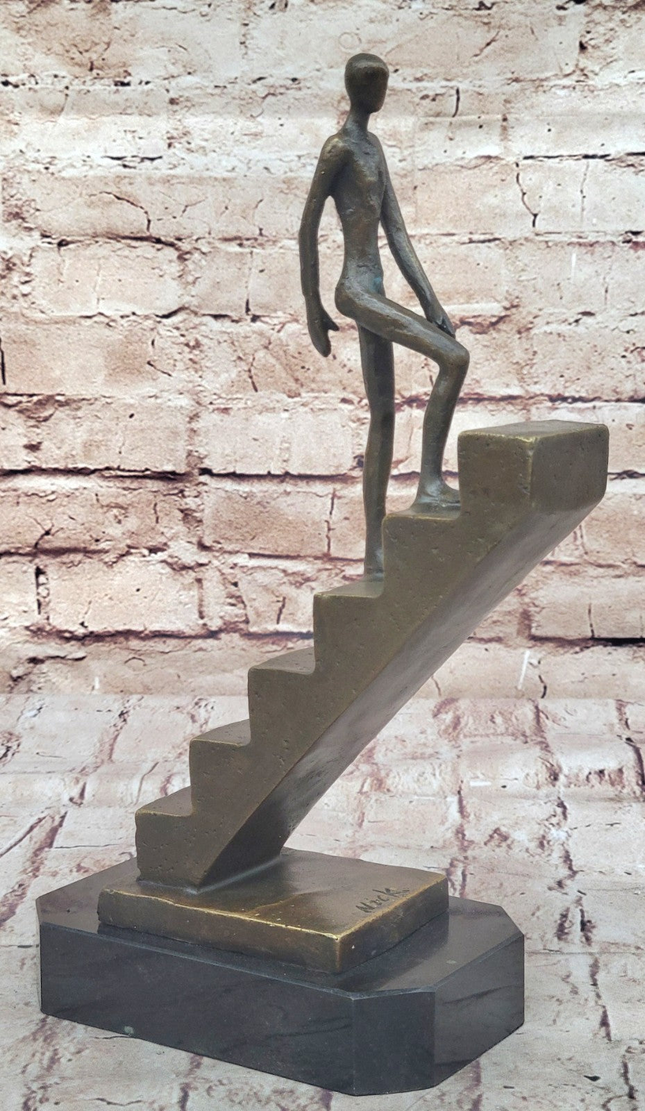 Signed Nick Mid-Century Stair Climbing Bronze Statue: Handcrafted Home Office Decor