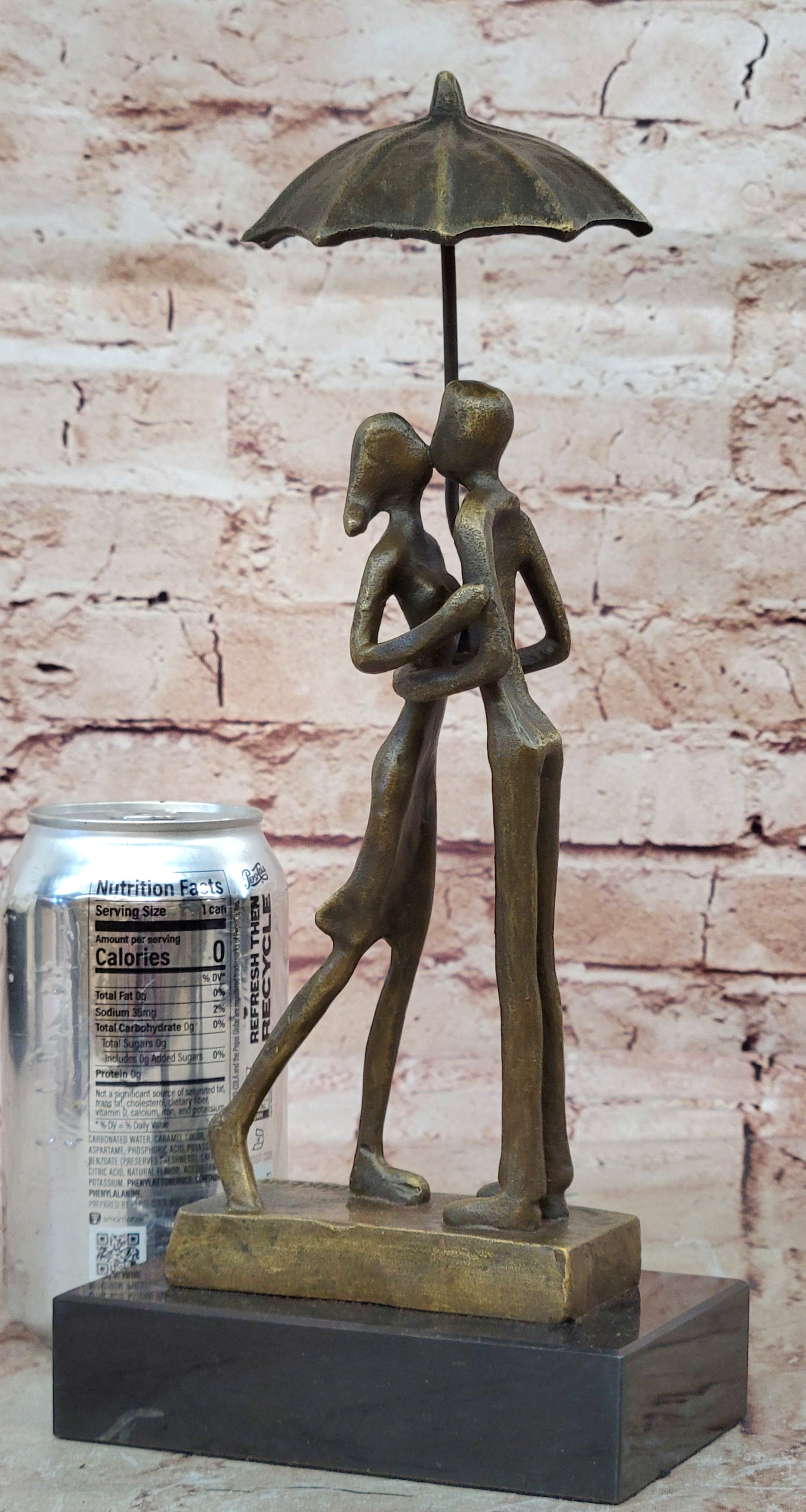 Abstract Bronze Sculpture Man Woman Rain Umbrella Mid Century Art Deco