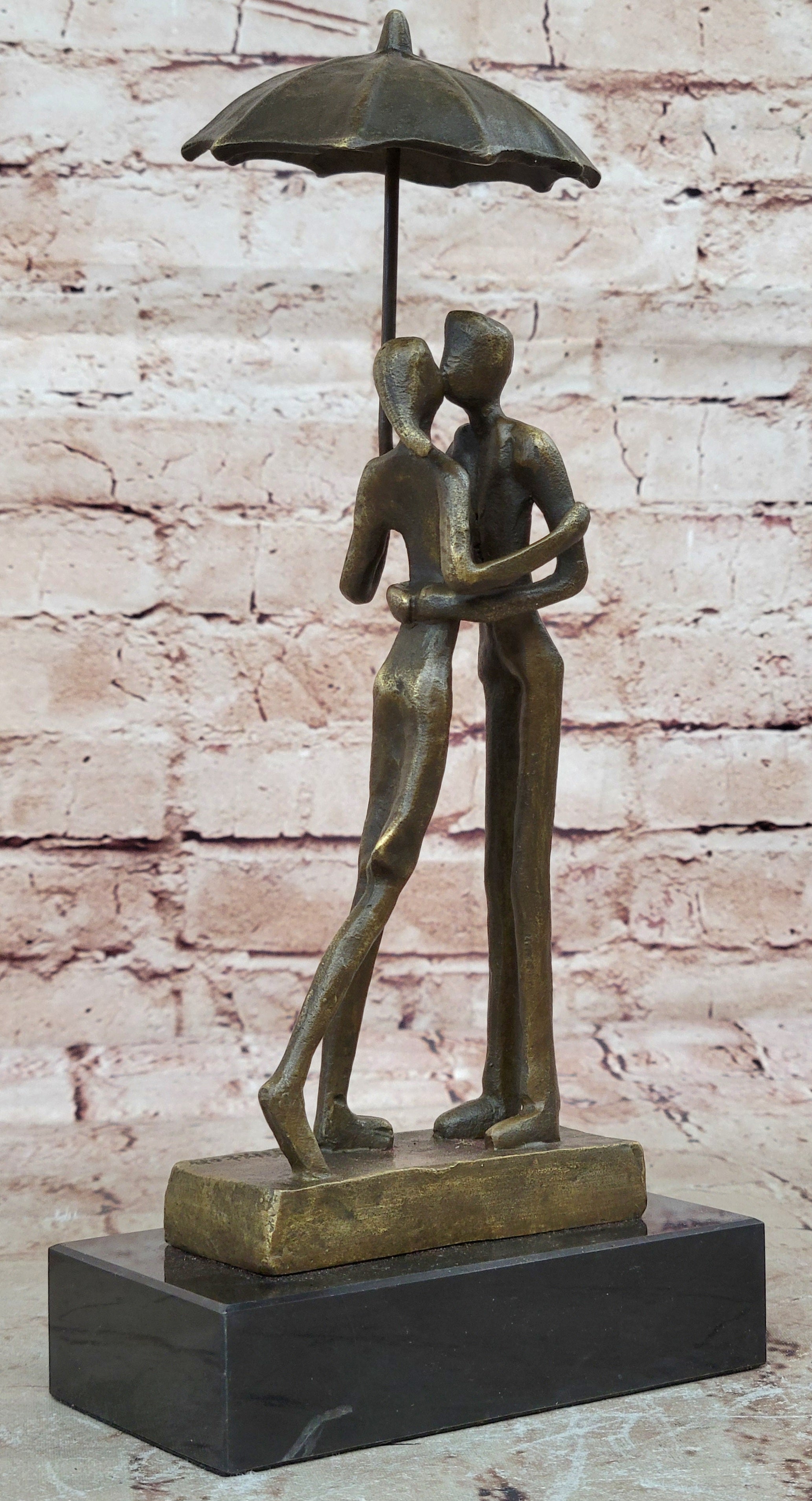 Abstract Bronze Sculpture Man Woman Rain Umbrella Mid Century Art Deco