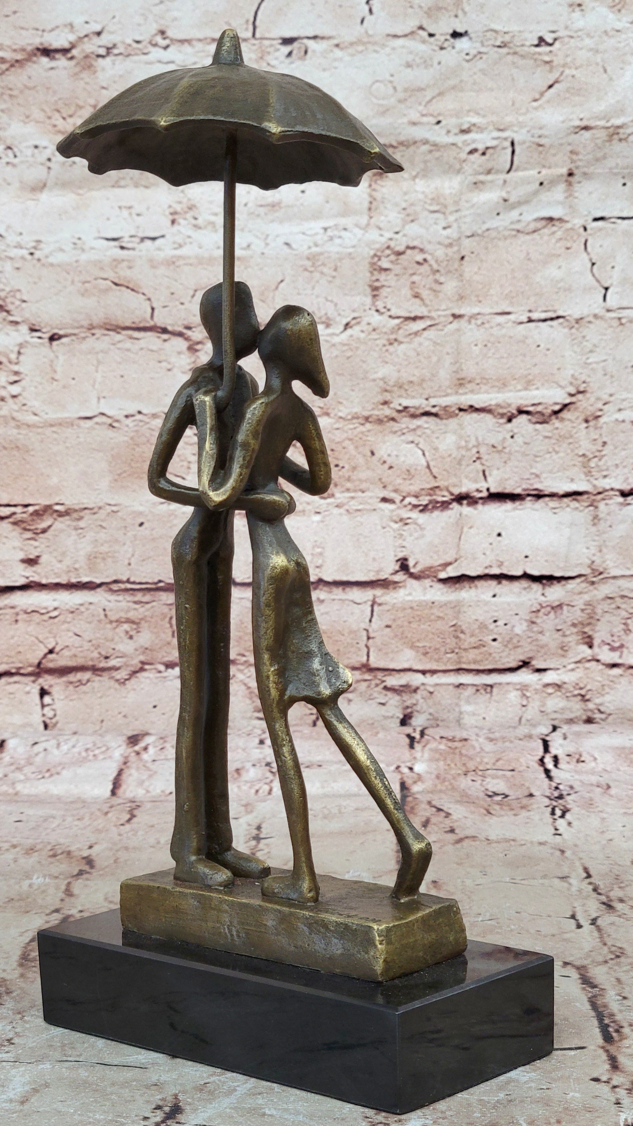 Abstract Bronze Sculpture Man Woman Rain Umbrella Mid Century Art Deco
