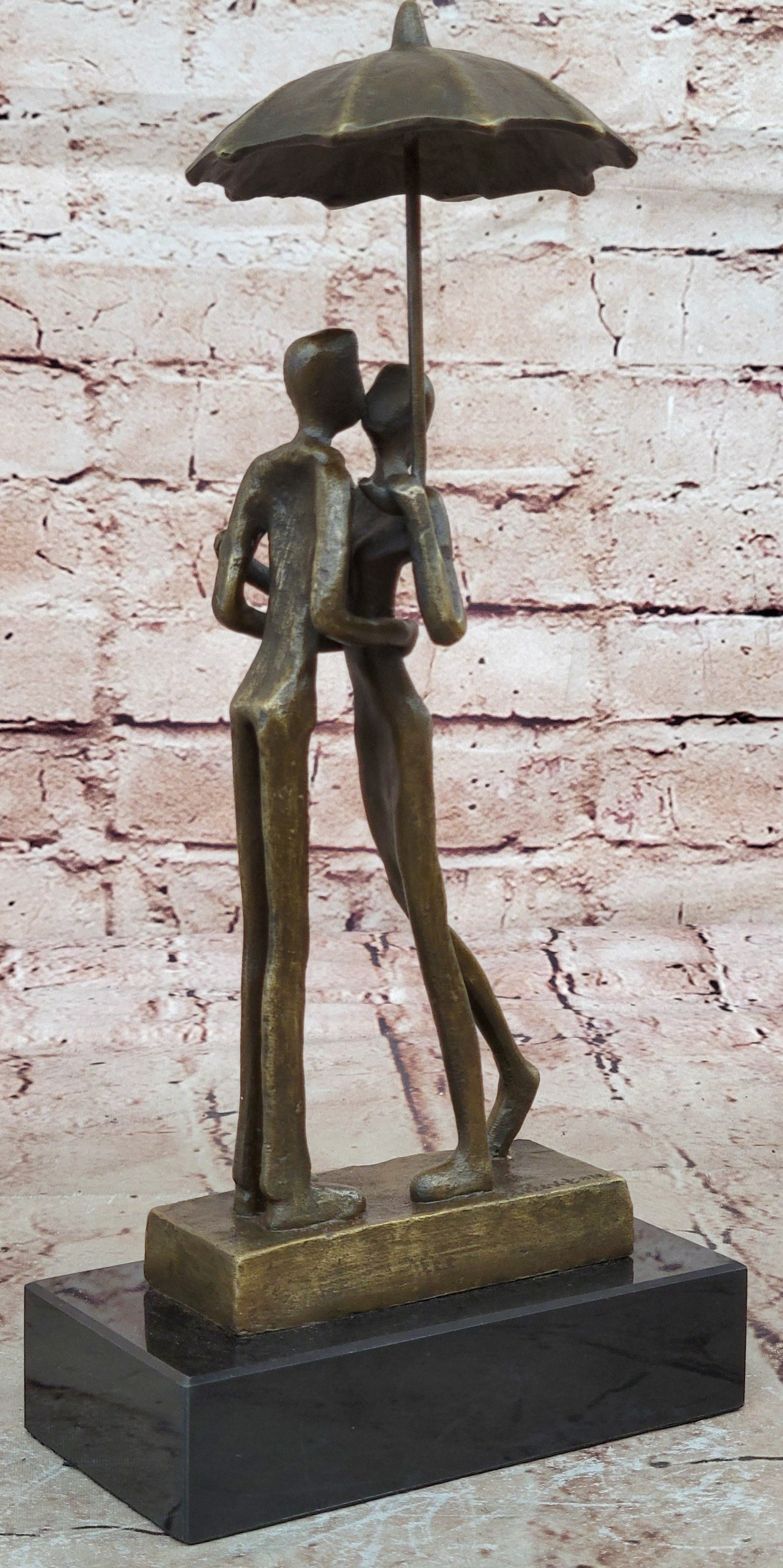 Abstract Bronze Sculpture Man Woman Rain Umbrella Mid Century Art Deco