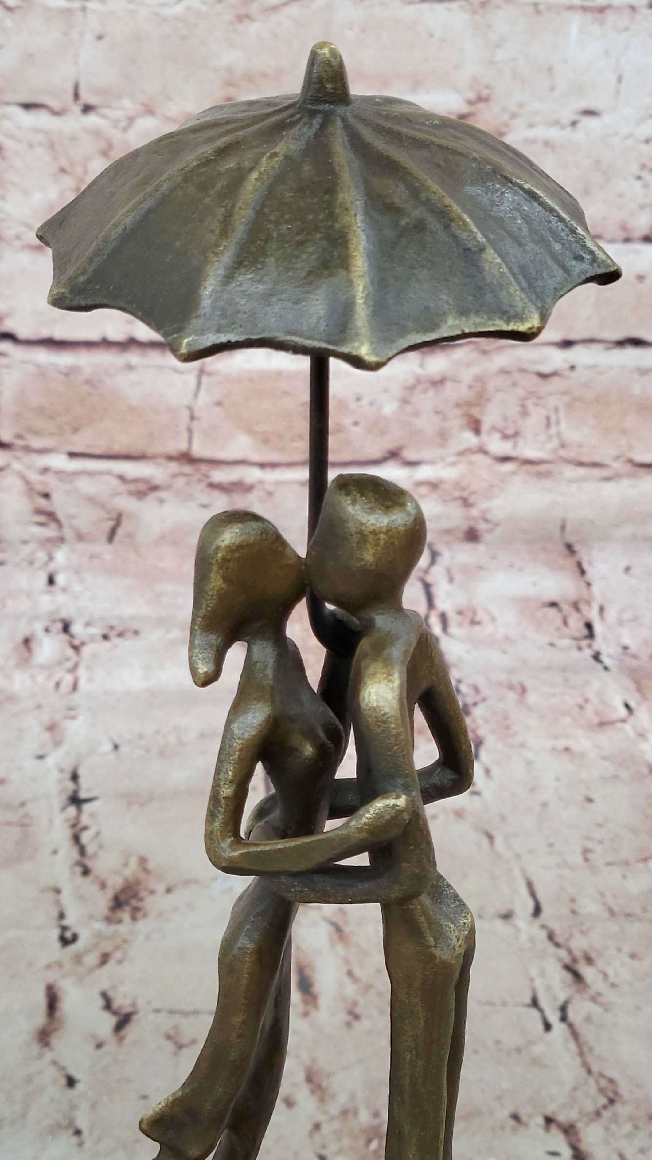 Abstract Bronze Sculpture Man Woman Rain Umbrella Mid Century Art Deco