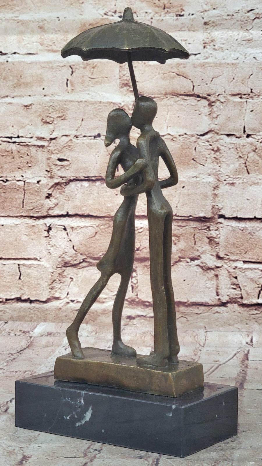 Abstract Bronze Sculpture Man Woman Rain Umbrella Mid Century Art Deco
