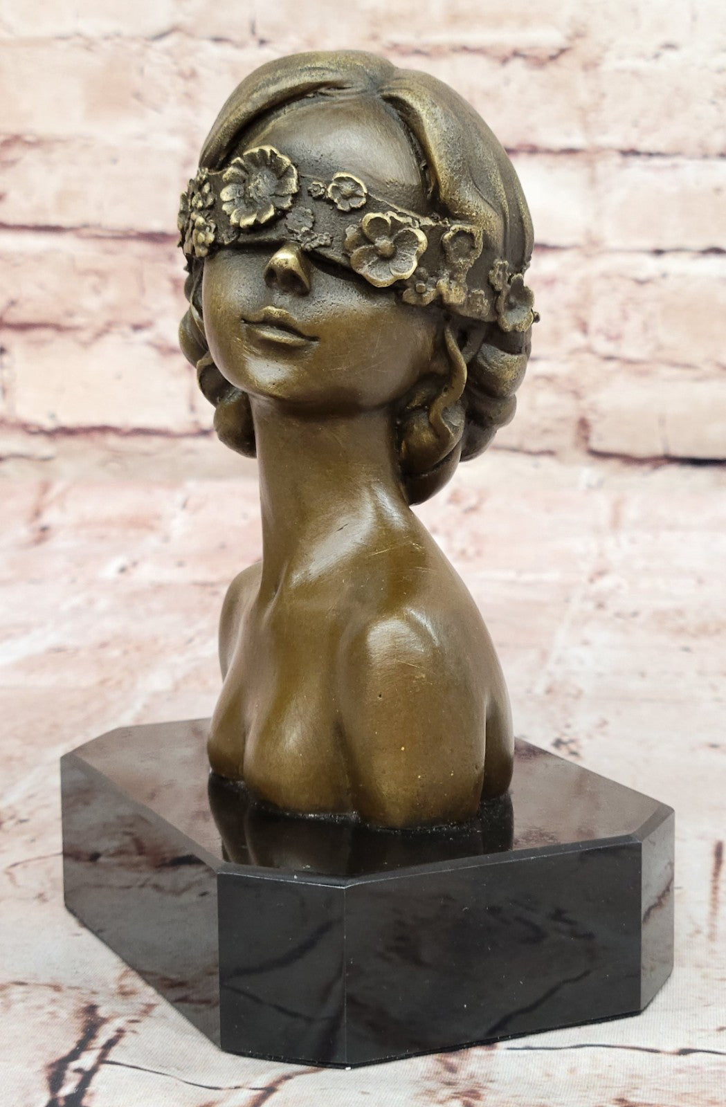 Masked Girl Bronze Sculpture: Hand Made Bust Figurine, Lost Wax Method