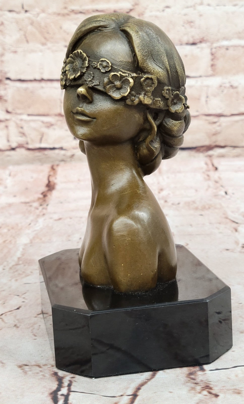 Masked Girl Bronze Sculpture: Hand Made Bust Figurine, Lost Wax Method