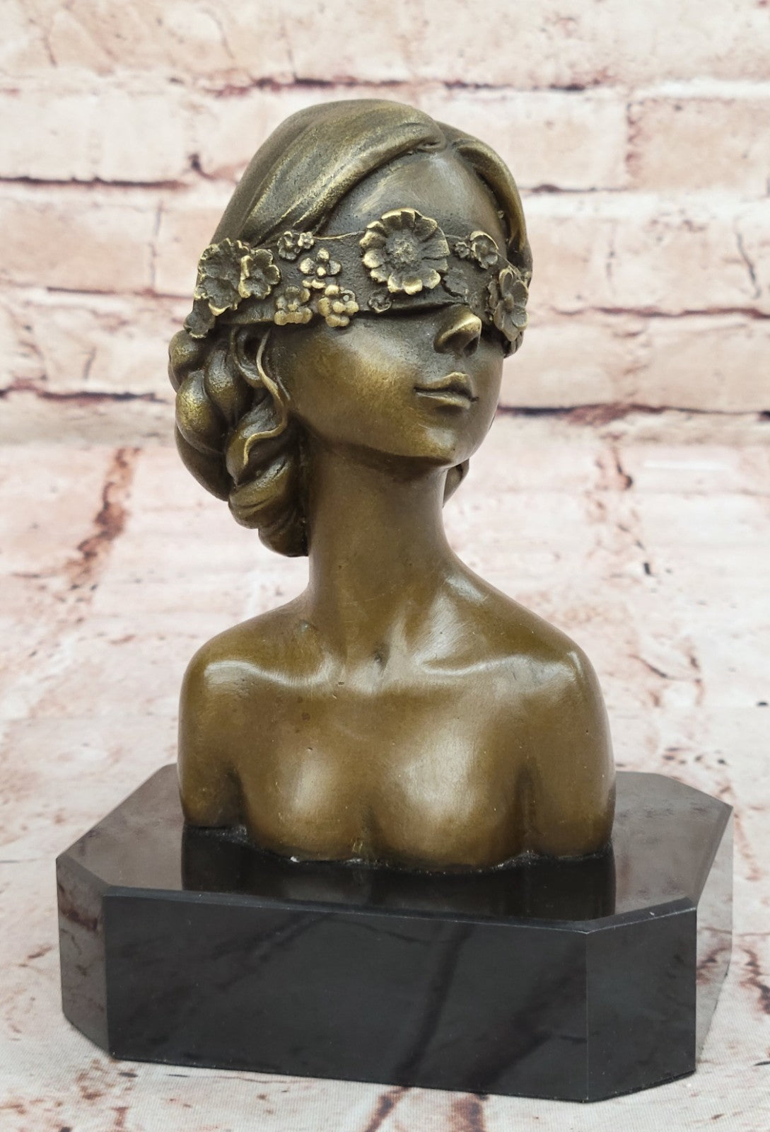 Masked Girl Bronze Sculpture: Hand Made Bust Figurine, Lost Wax Method