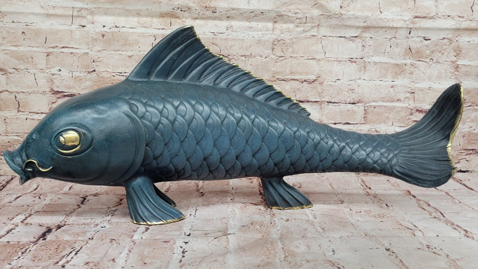 Art Deco Green Patina Fish Fisherman Cabin Decor Bronze Sculpture Figurine