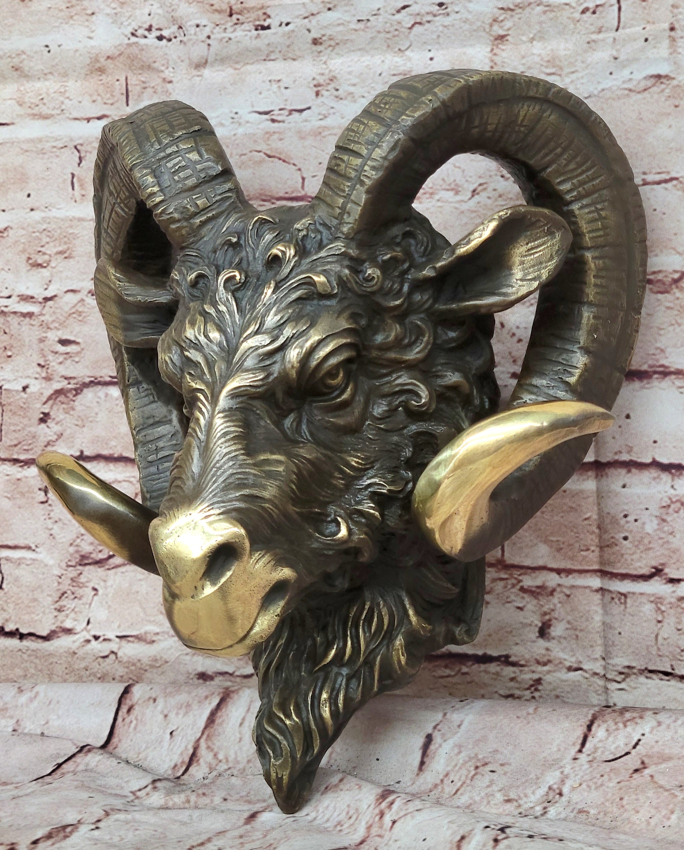 Signed Original Mascot Ram Head Bronze Sculpture Marble Base Statue Figurine Art