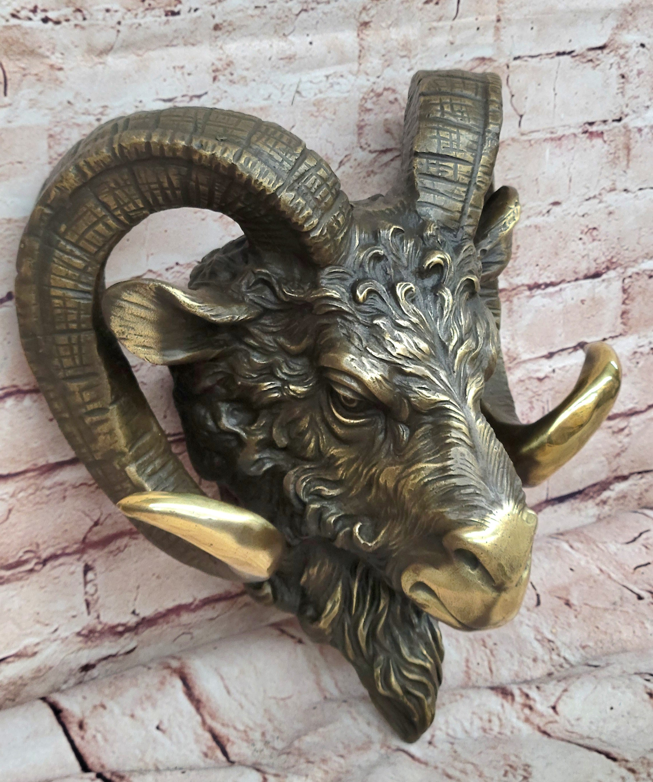 Signed Original Mascot Ram Head Bronze Sculpture Marble Base Statue Figurine Art