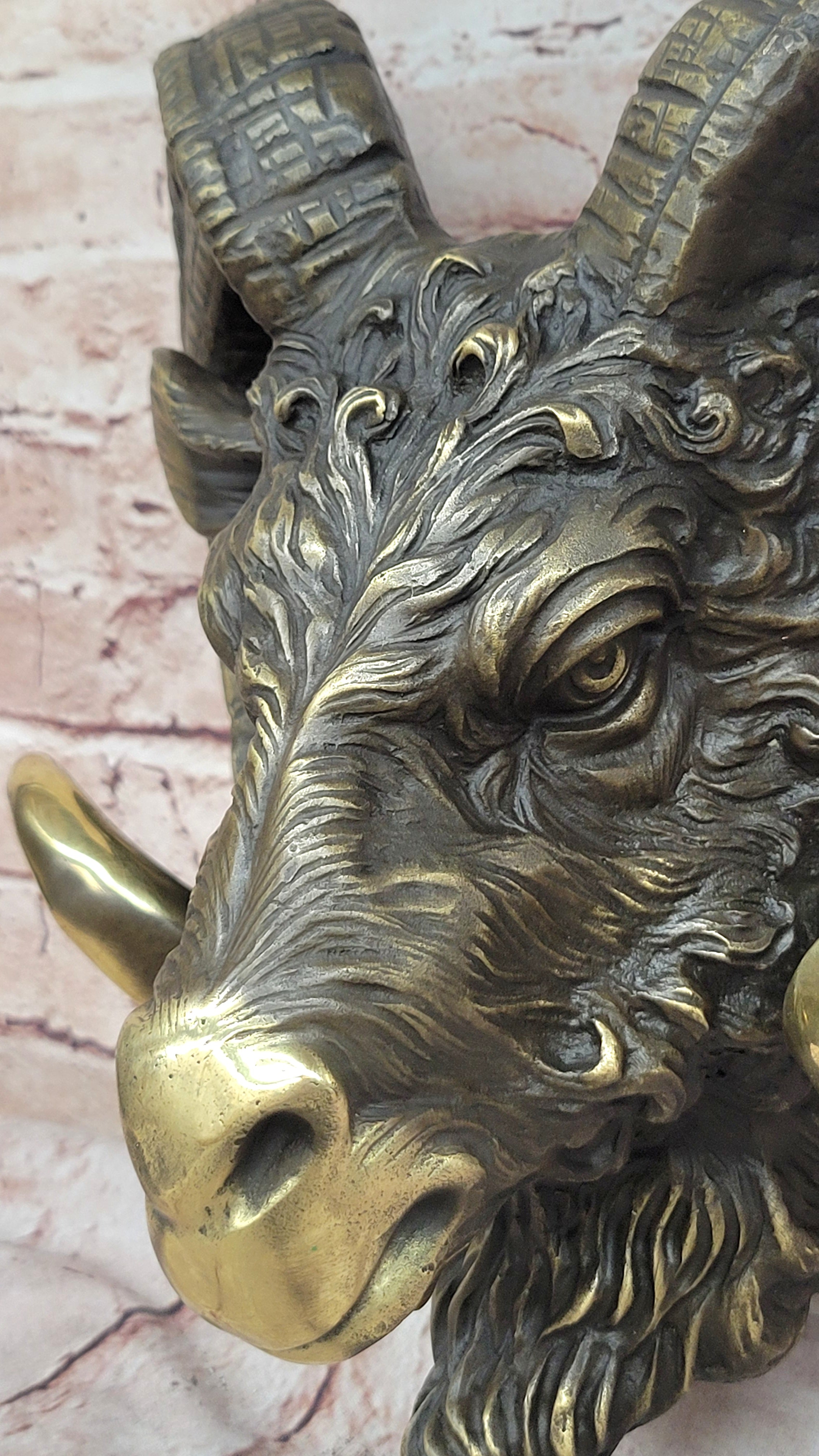 Signed Original Mascot Ram Head Bronze Sculpture Marble Base Statue Figurine Art