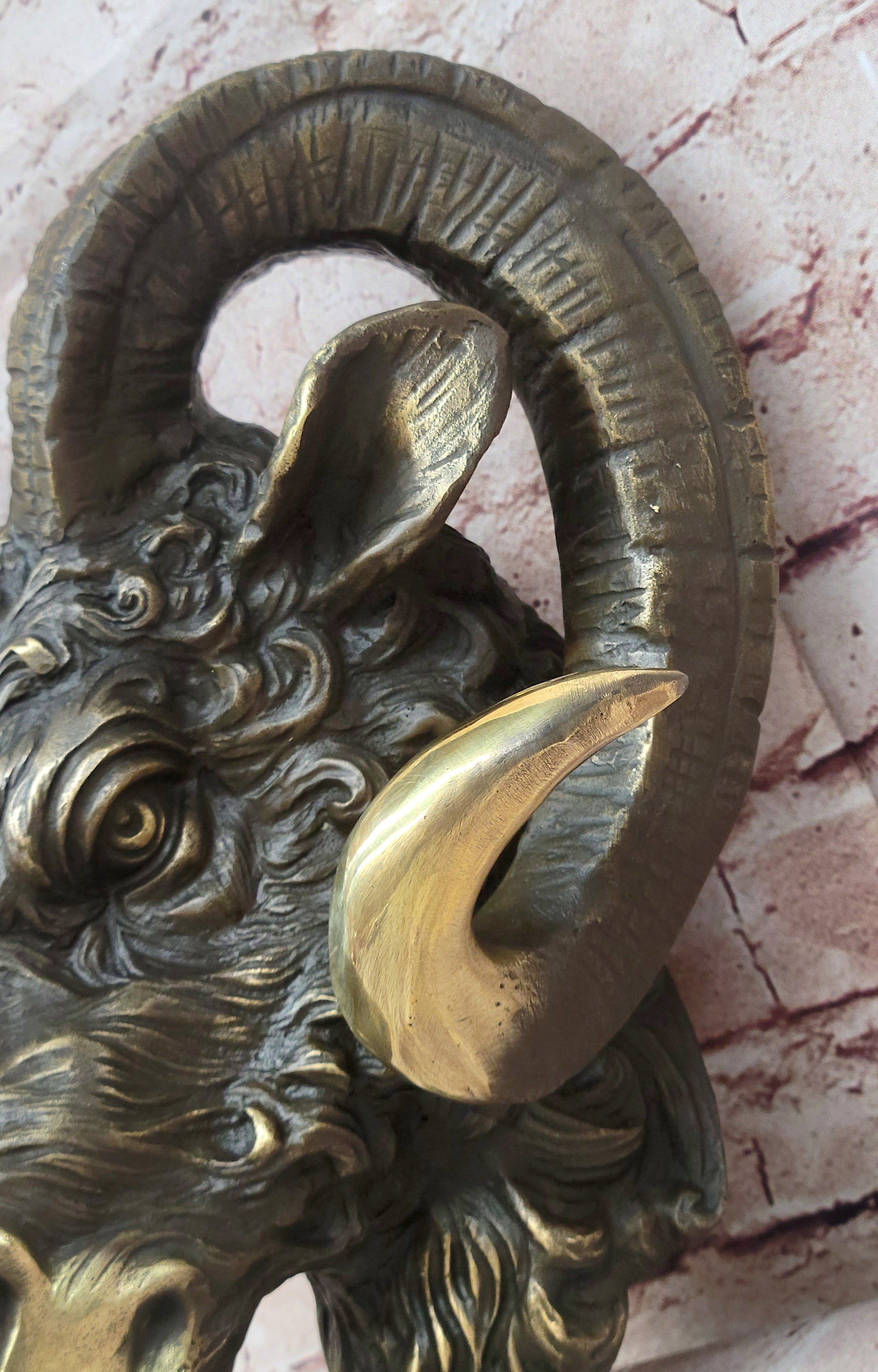 Signed Original Mascot Ram Head Bronze Sculpture Marble Base Statue Figurine Art