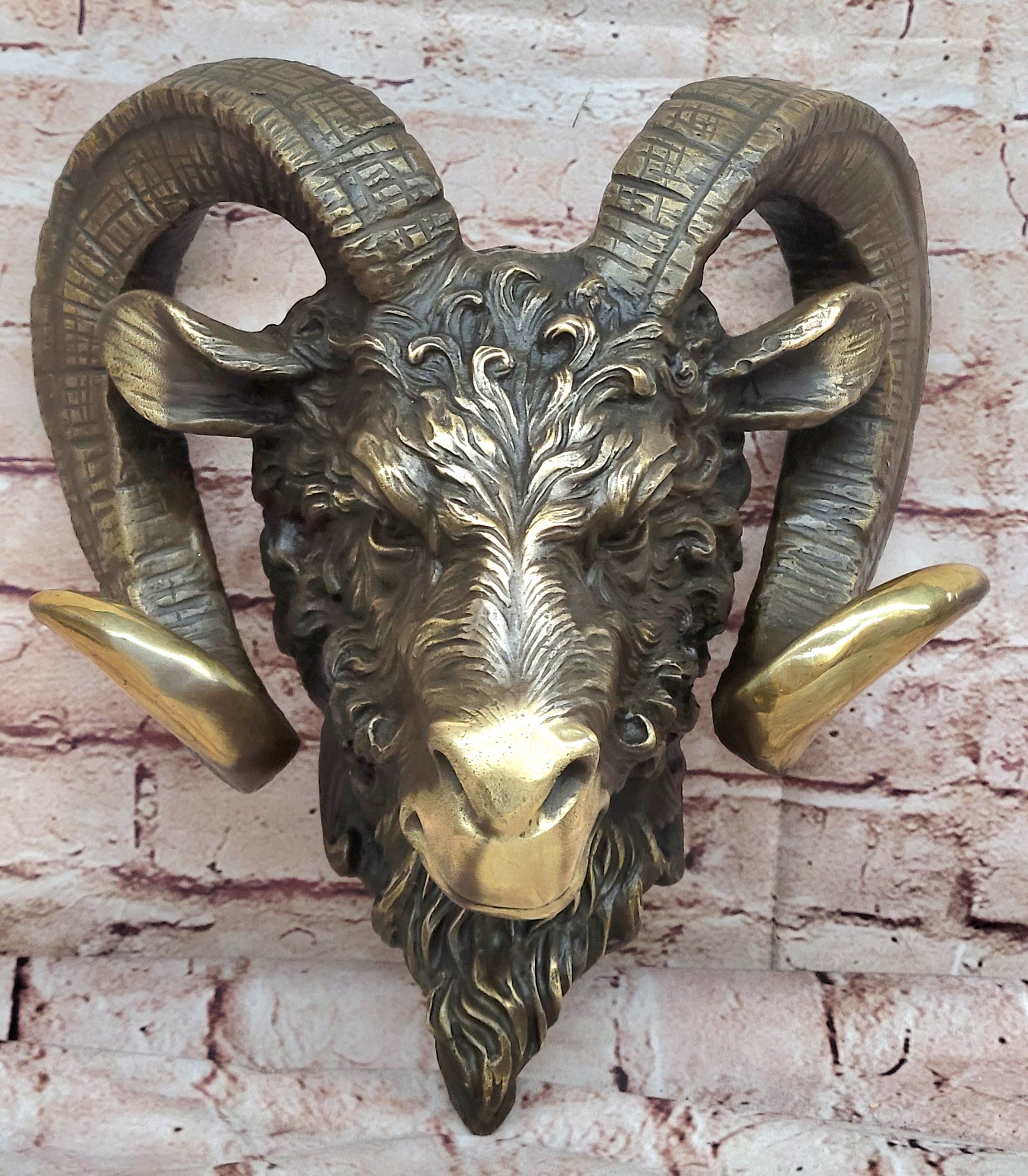 Signed Original Mascot Ram Head Bronze Sculpture Marble Base Statue Figurine Art
