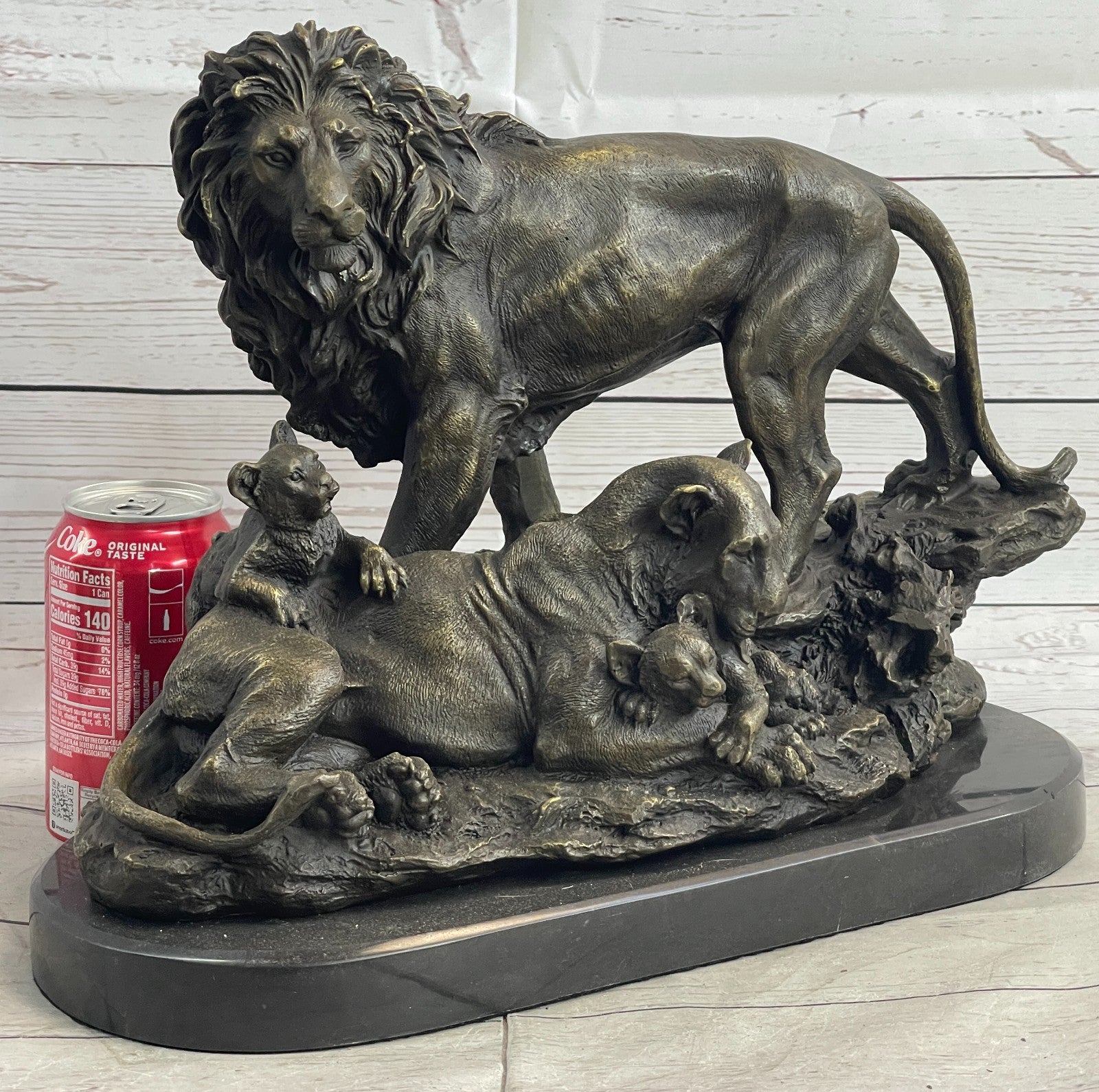 15" “Huge Classic pure Bronze Marble statue Art Lion family Mom Sculpture Art
