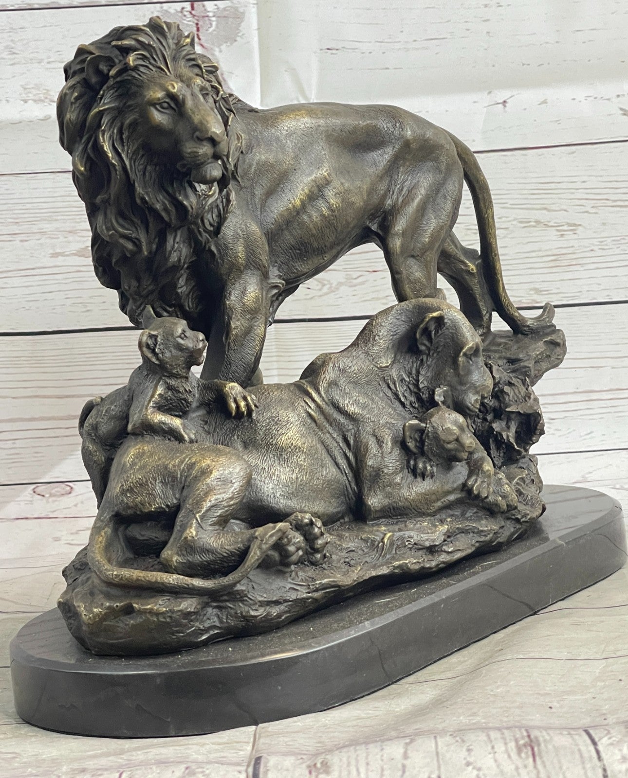 15" “Huge Classic pure Bronze Marble statue Art Lion family Mom Sculpture Art