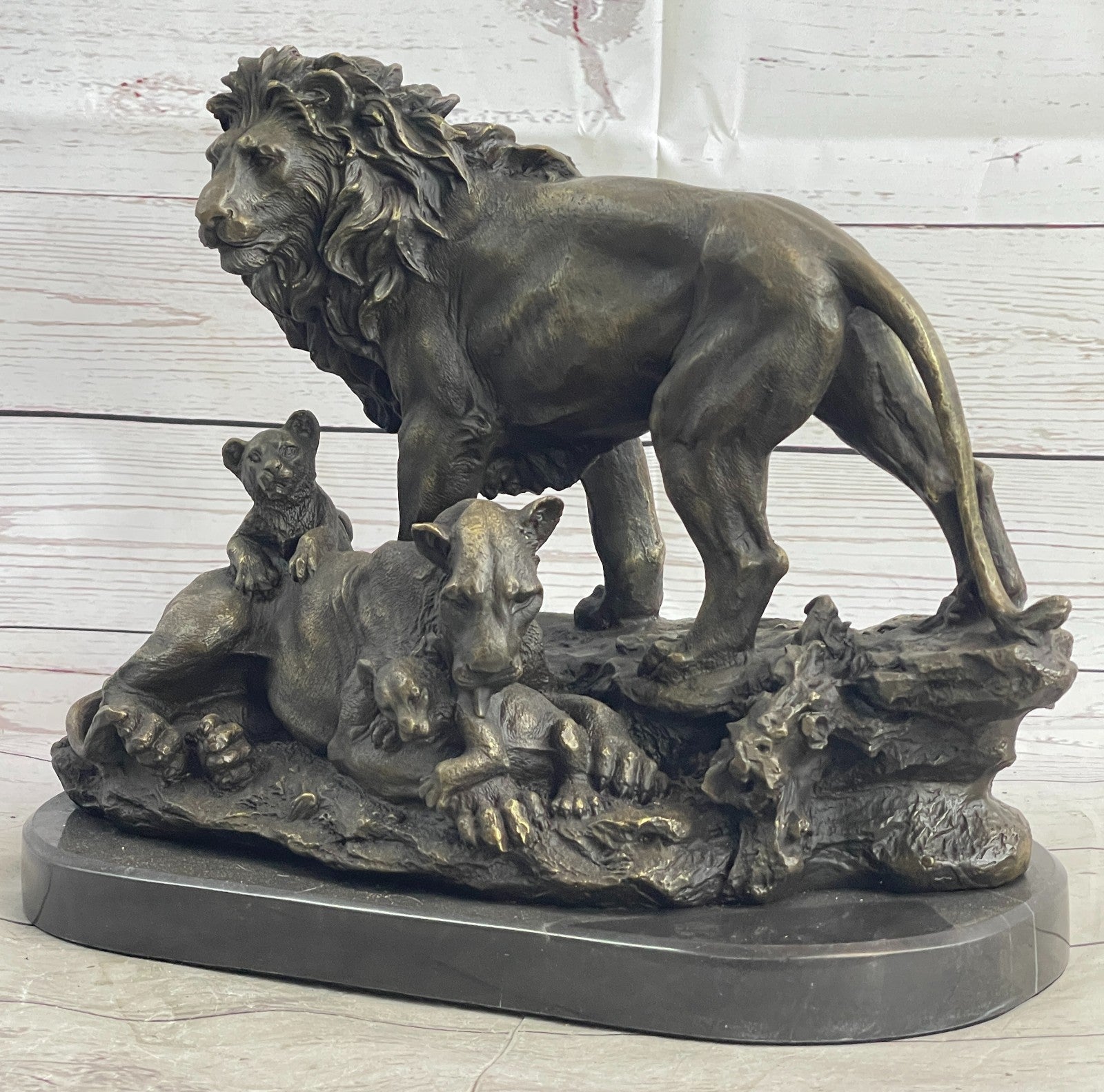15" “Huge Classic pure Bronze Marble statue Art Lion family Mom Sculpture Art