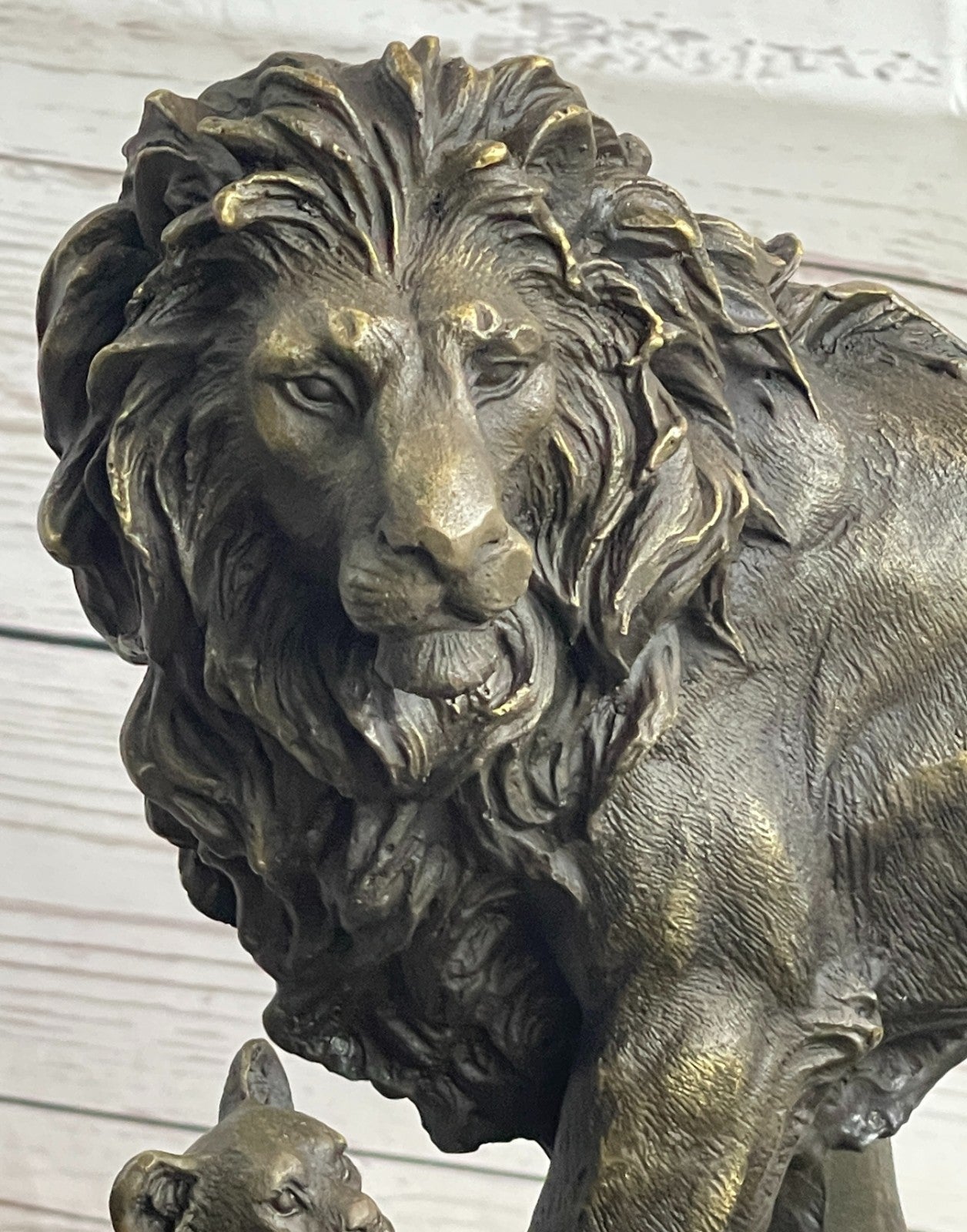 15" “Huge Classic pure Bronze Marble statue Art Lion family Mom Sculpture Art