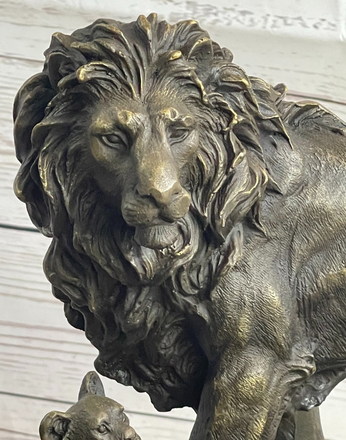 15" “Huge Classic pure Bronze Marble statue Art Lion family Mom Sculpture Art