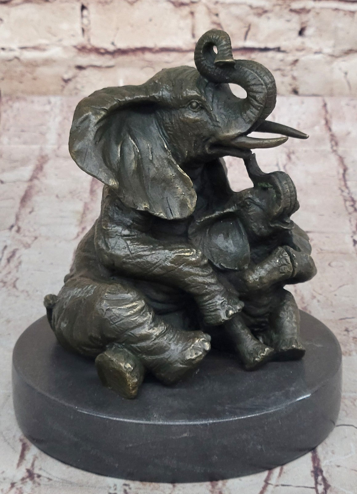 Handcrafted bronze sculpture SALE Decor Cub With Elephant Mother Laughing Gift